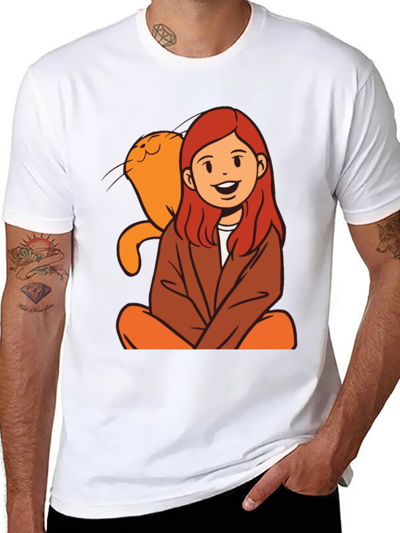 Black Cartoon Girl & Cat Graphic Black T-Shirt view 8