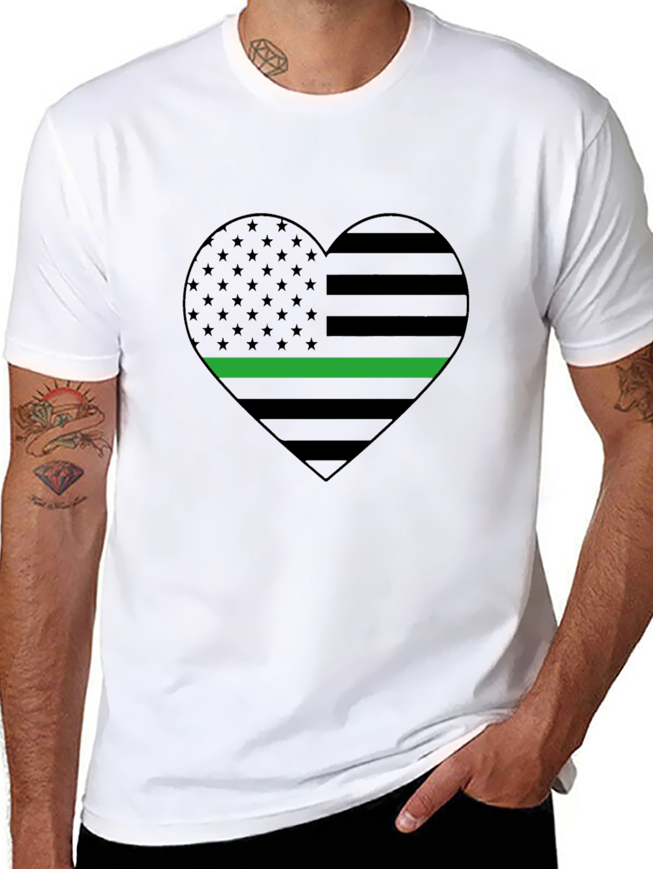 Black Thin Green Line Heart Flag T-Shirt - Support Military view 8