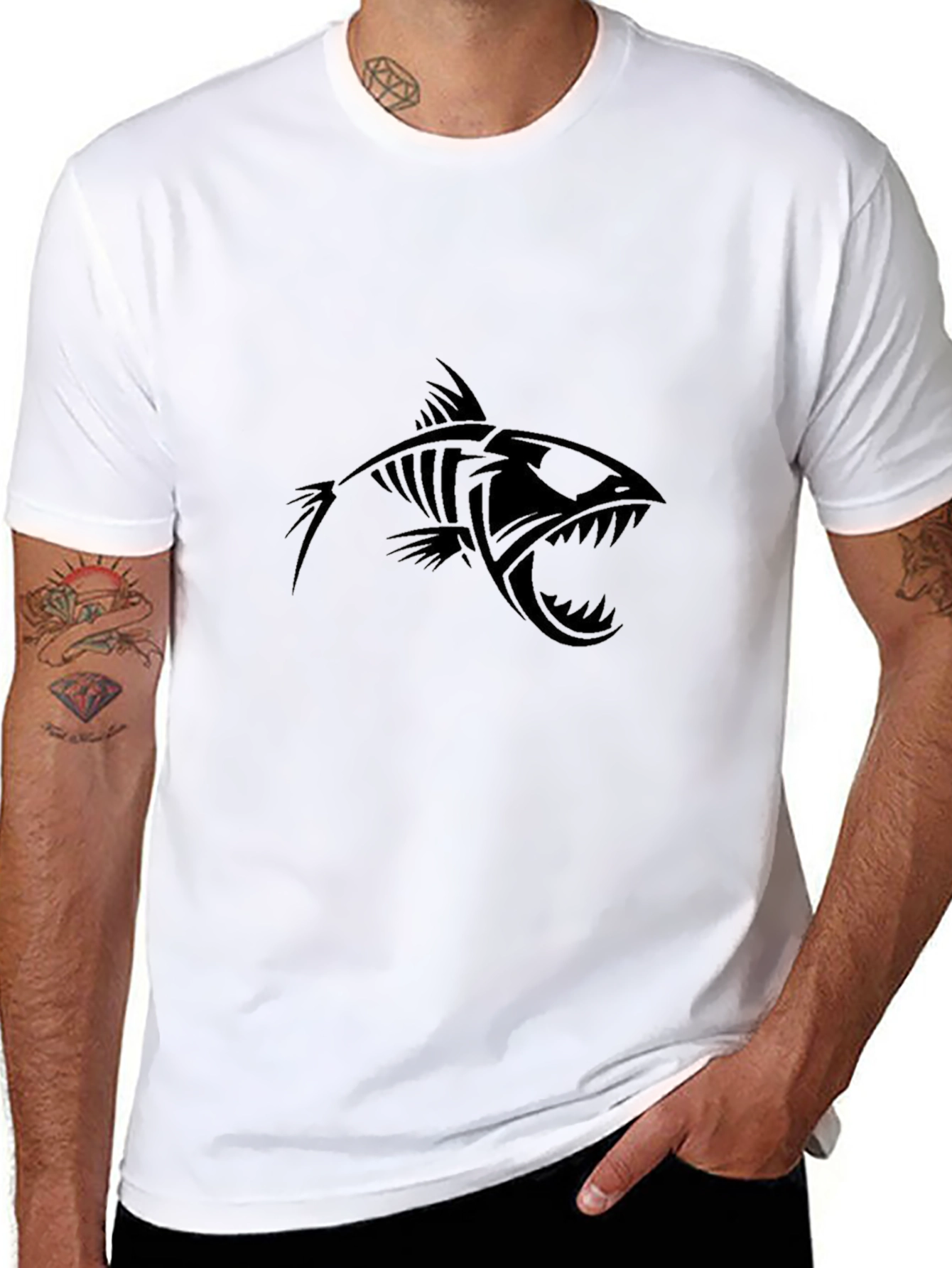 Black Edgy Fish Skeleton Graphic Black T-Shirt view 8
