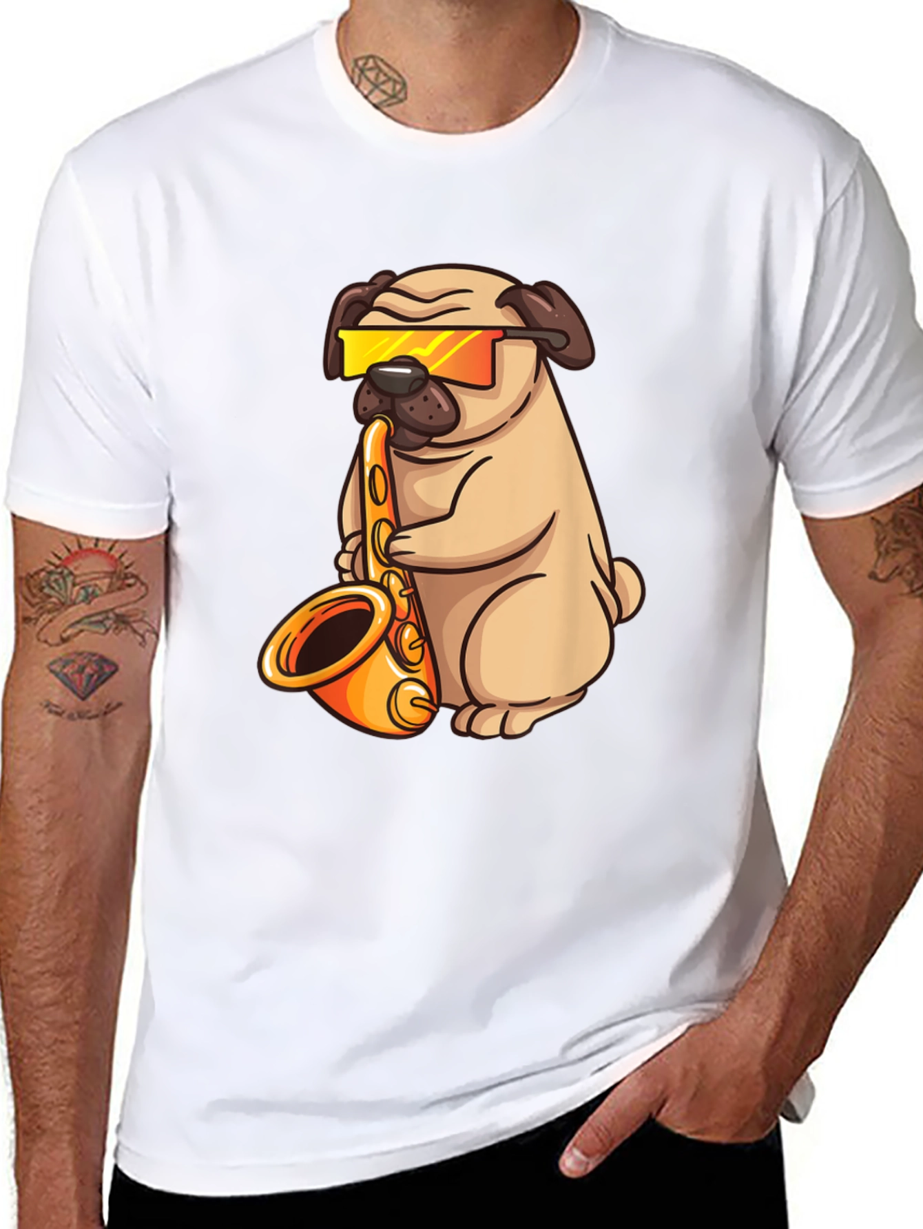 Black Saxophone Pug T-Shirt - Cool Dog Graphic Tee view 8
