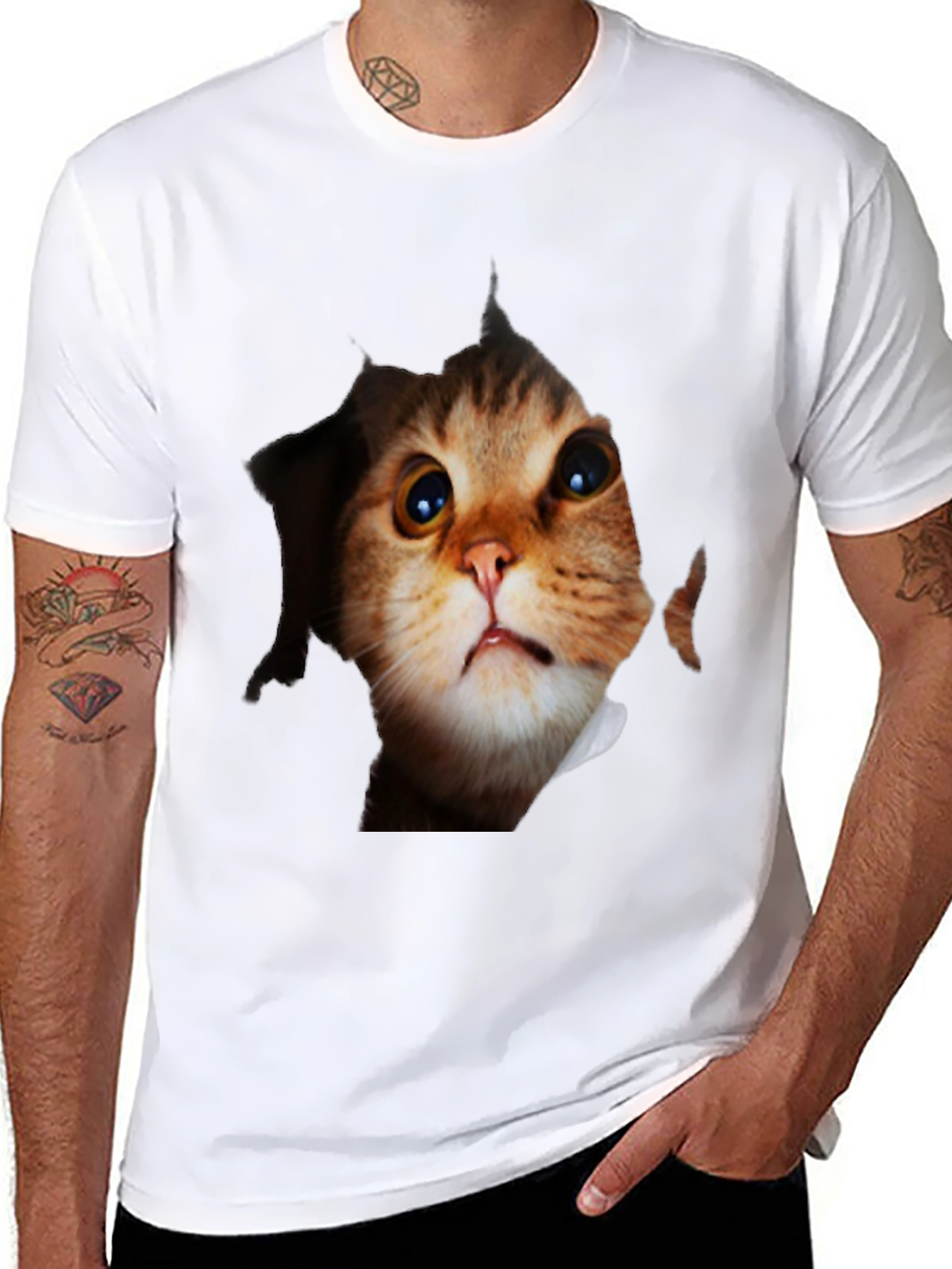 Black 3D Cat Peeking Out Black T-Shirt view 8