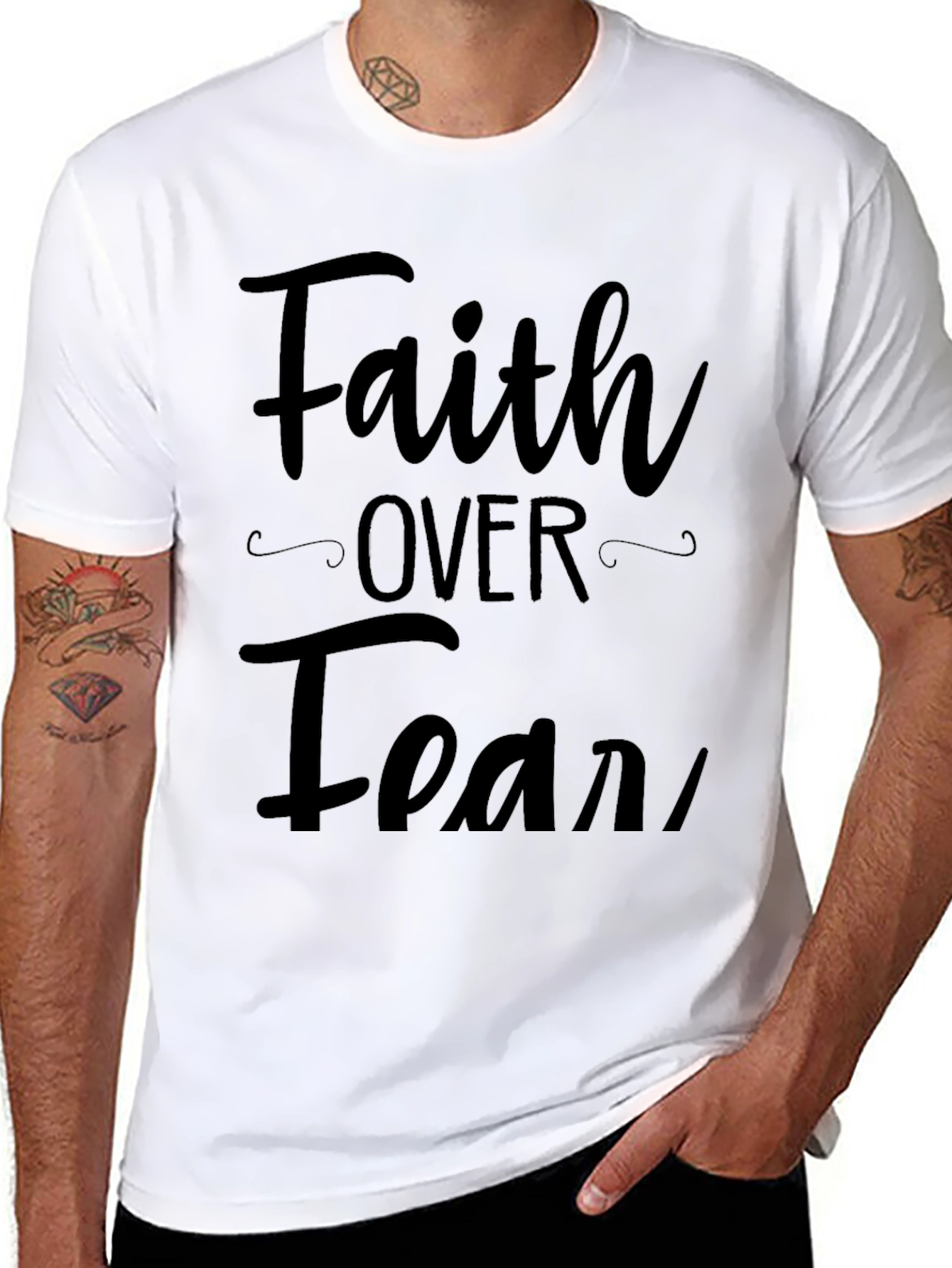 Black Faith Over Fear Graphic T-Shirt, Mens Casual Top view 8