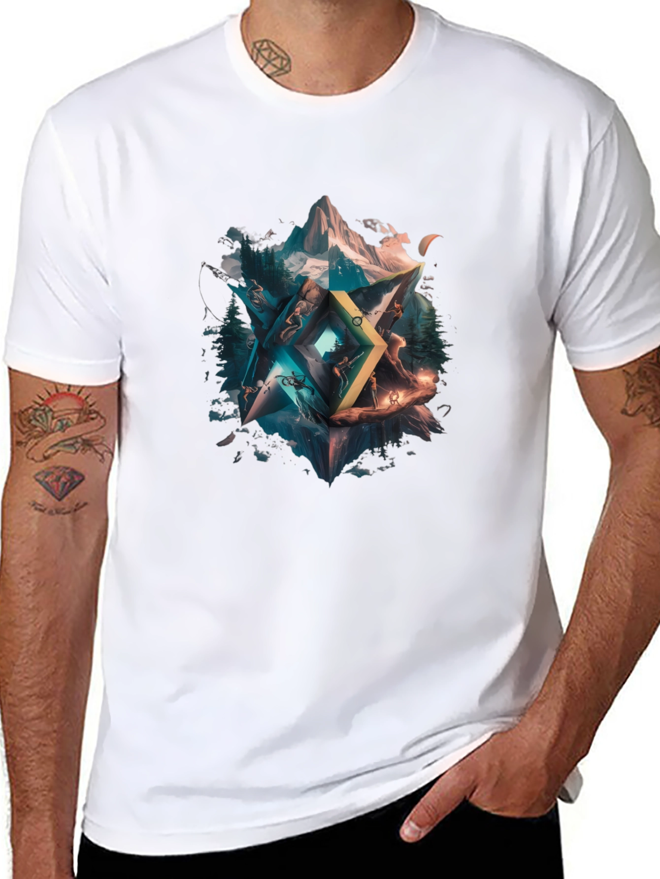 Black Geometric Nature T-Shirt - Unisex Design view 8