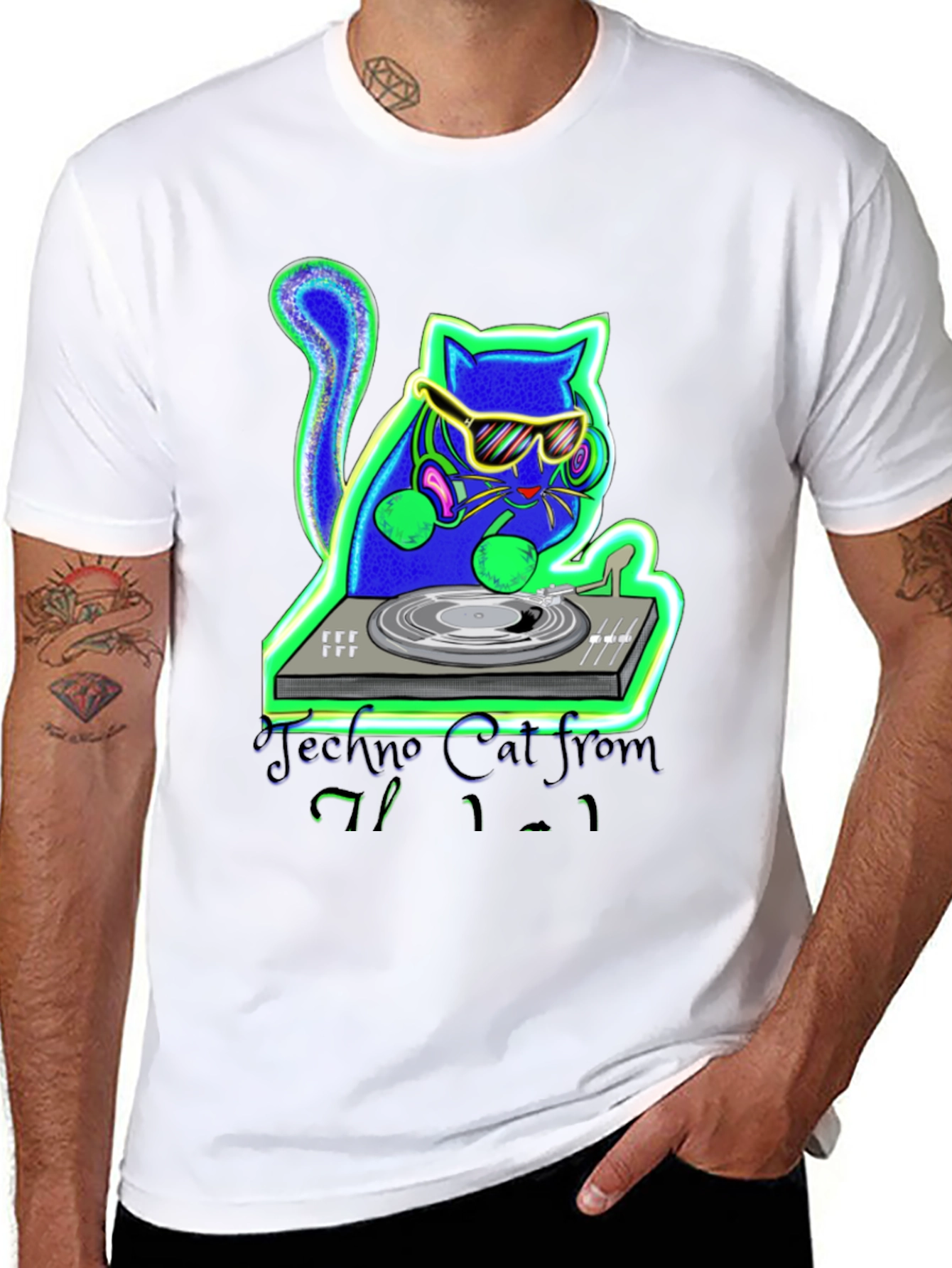 Black Techno Cat DJ Graphic T-Shirt view 8