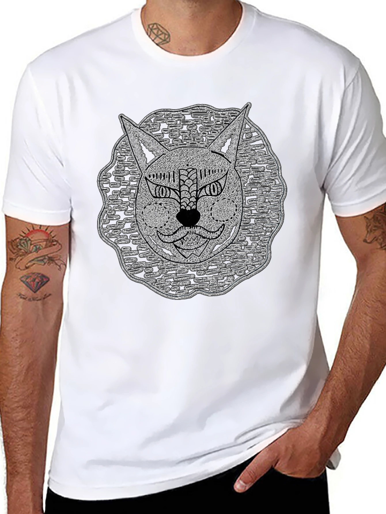 Black Abstract Cat Face Black T-Shirt view 8