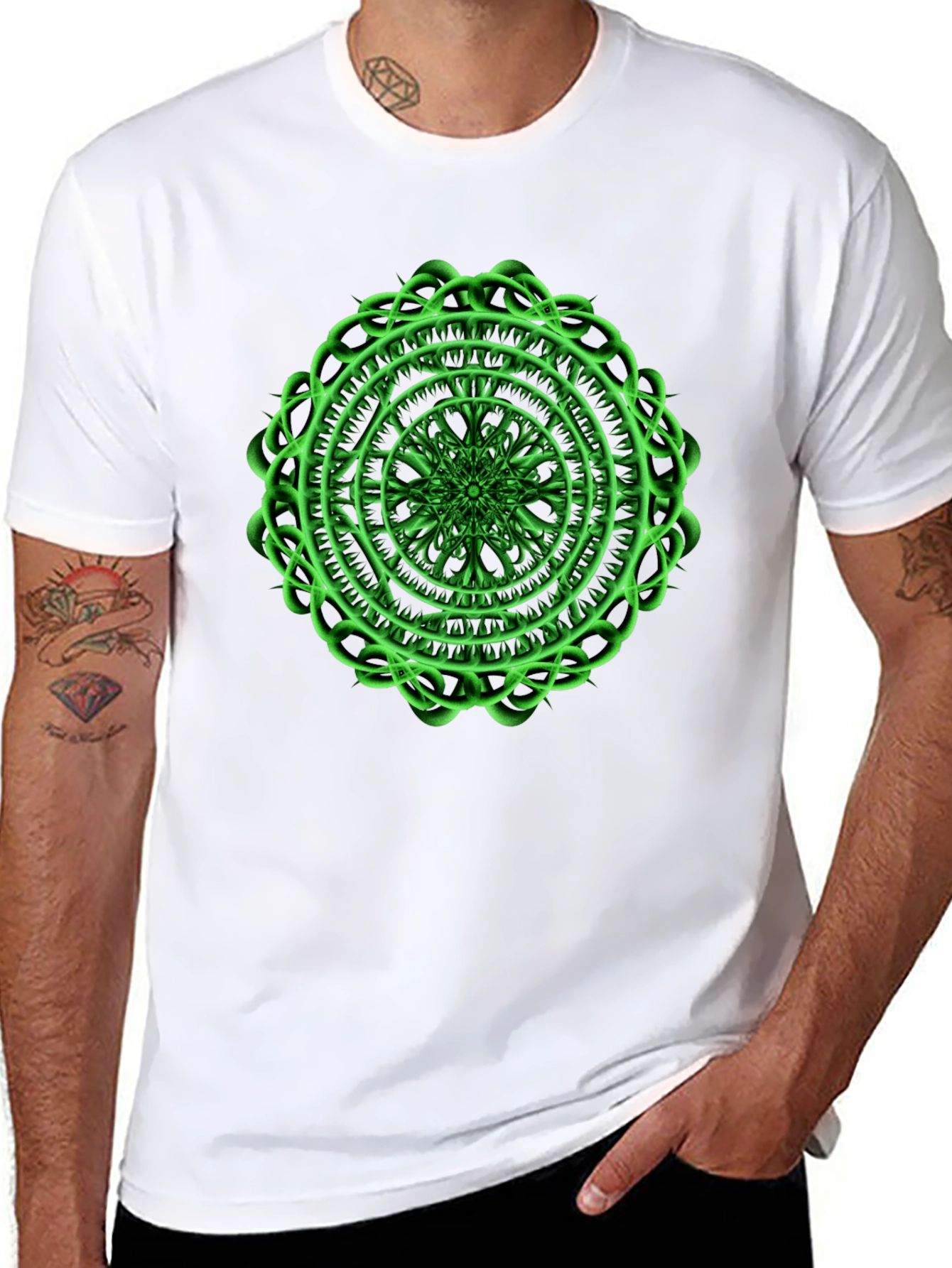 Black Men's Black T-Shirt with Green Mandala Design view 8