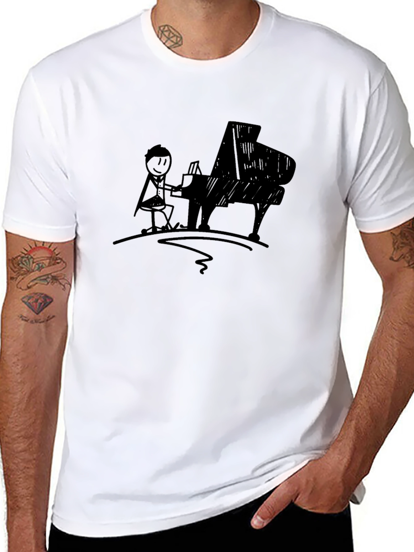 Black Piano Player Graphic Tee - Black Cotton T-Shirt view 8