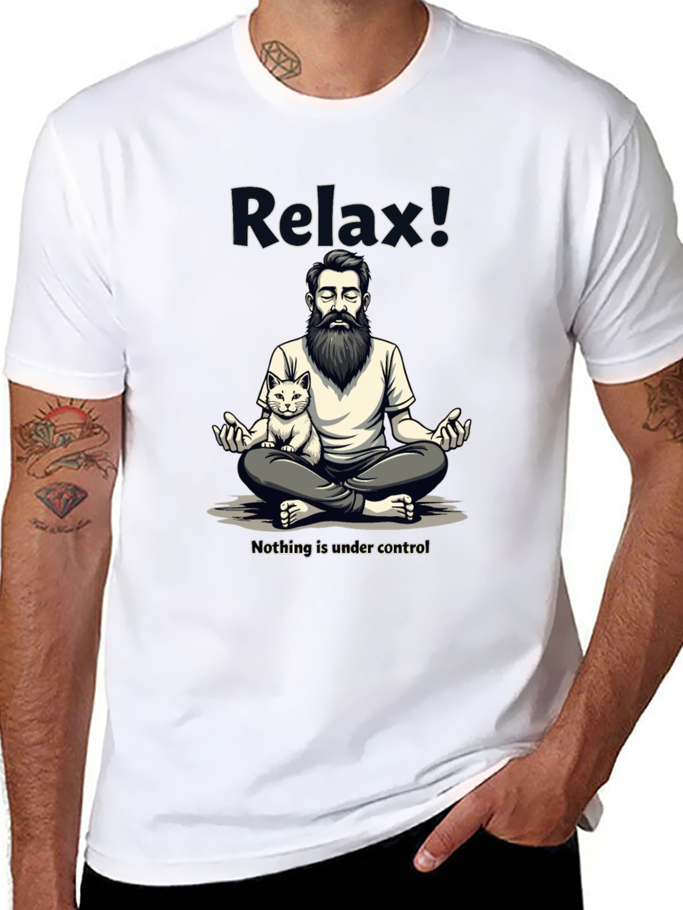 Black Relax! Meditation Cat Graphic Tee - Comfy Cotton view 8