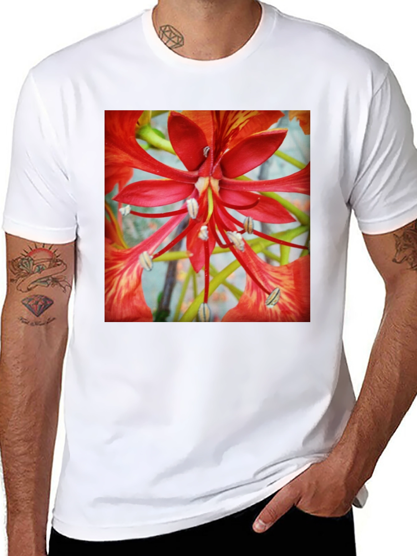 Black Bold Floral T-Shirt - Vivid Red Blossom Design view 8