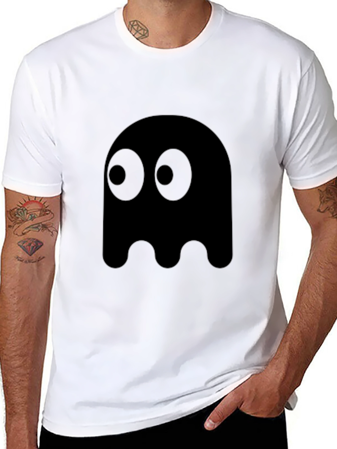 Black Pac-Man Ghost Graphic Tee - Black Cotton Blend view 8