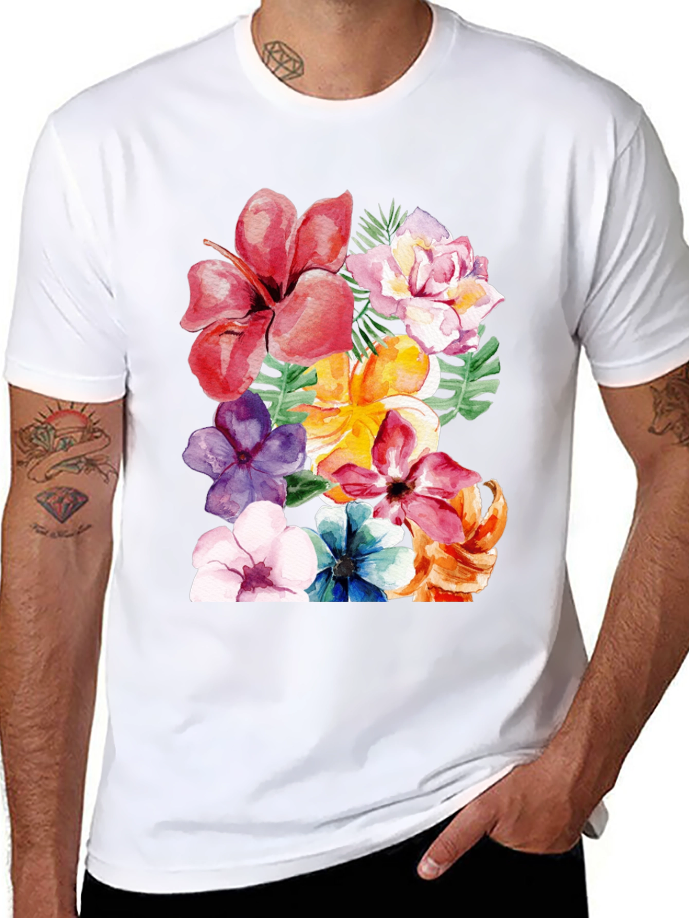 Black Floral Print Black T-Shirt - Tropical Flower Design view 8