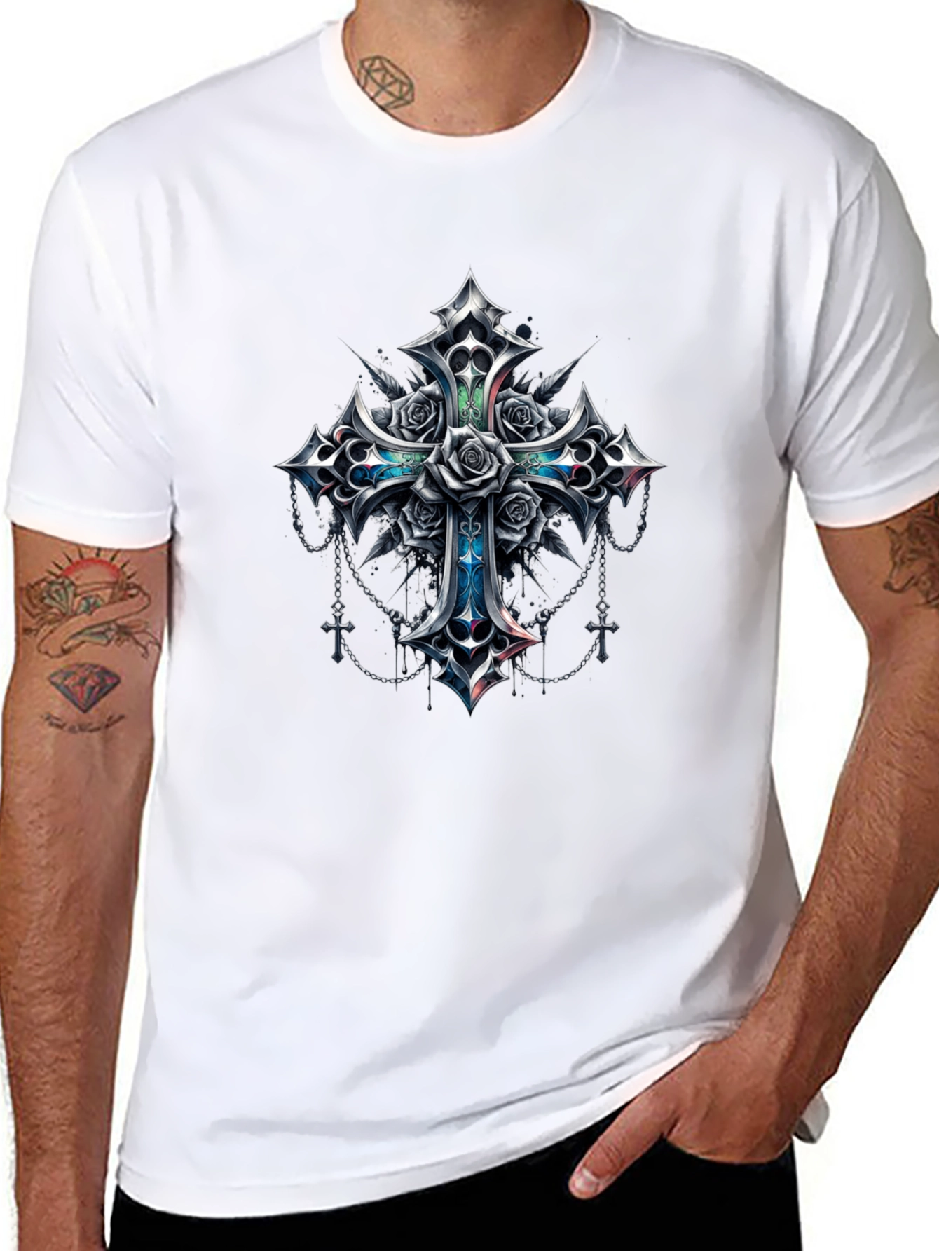 Black Gothic Rose Cross Graphic Tee - Black view 8