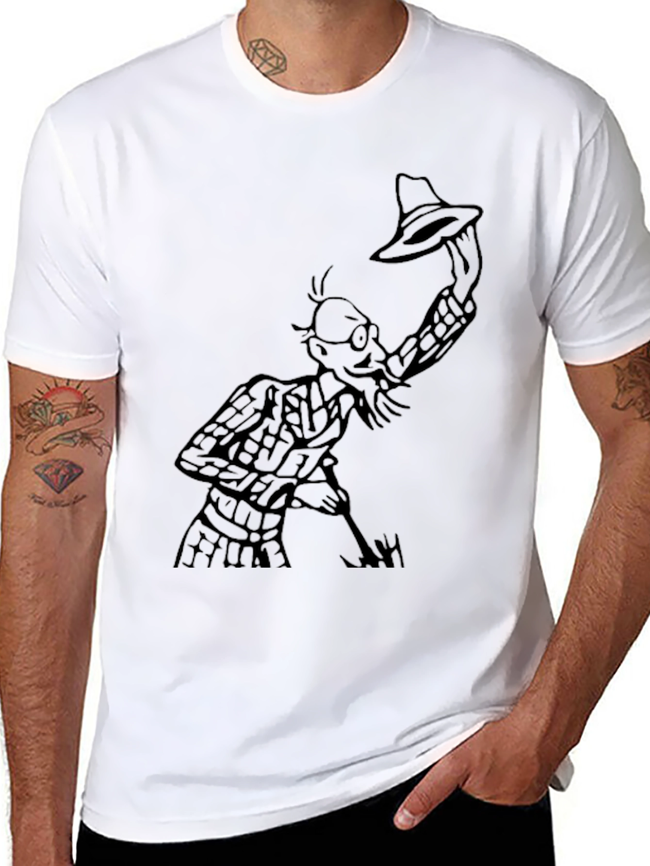 Black Black T-Shirt with Cartoon Man Holding Hat view 8