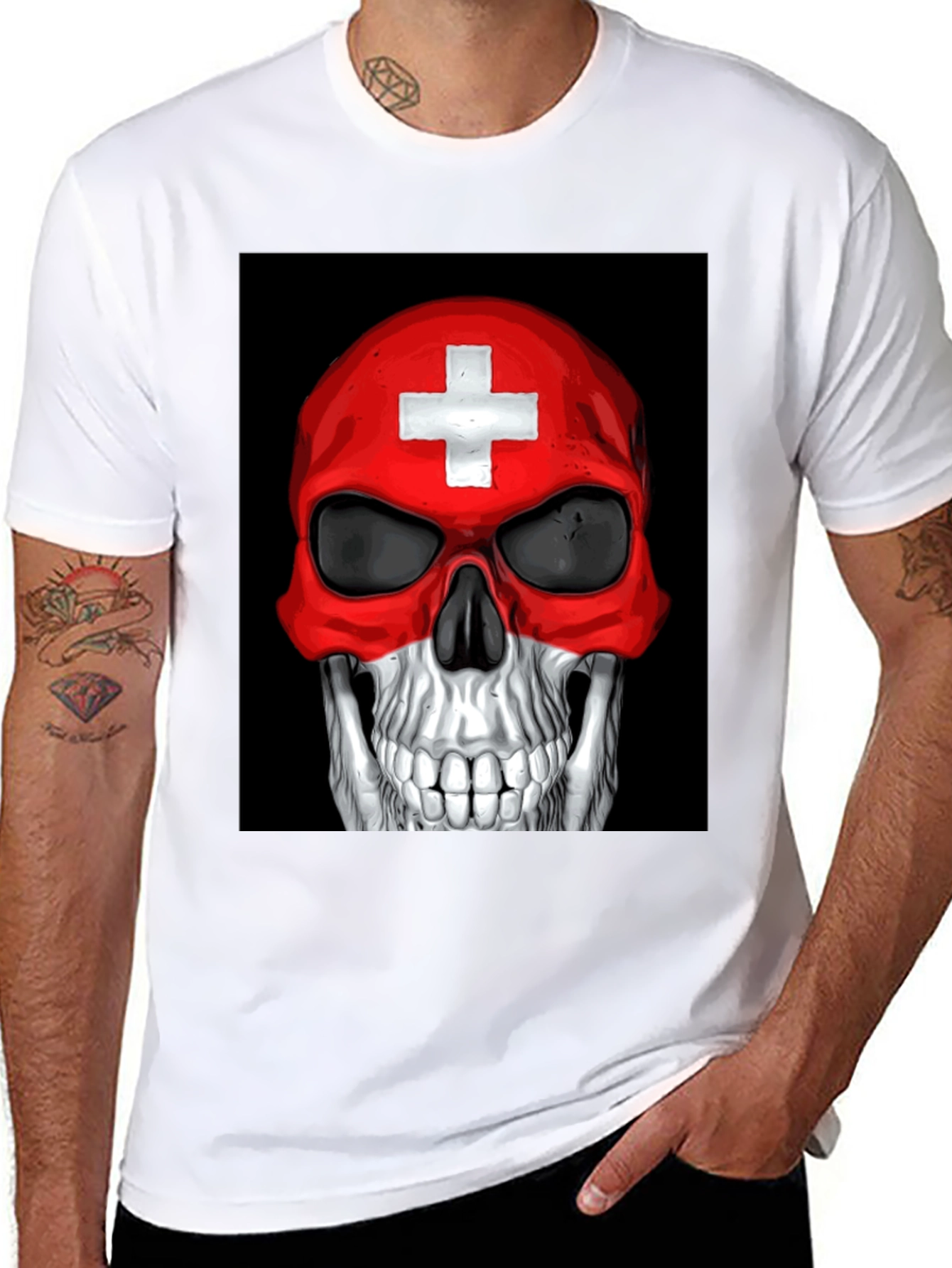 Black Skull Switzerland Flag Graphic Tee - Black Cotton T-Shirt view 8