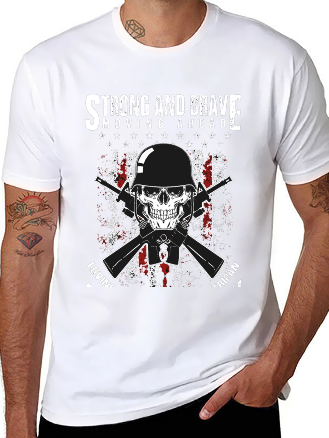 Black Strong & Brave Patriotic Skull Graphic T-Shirt view 8