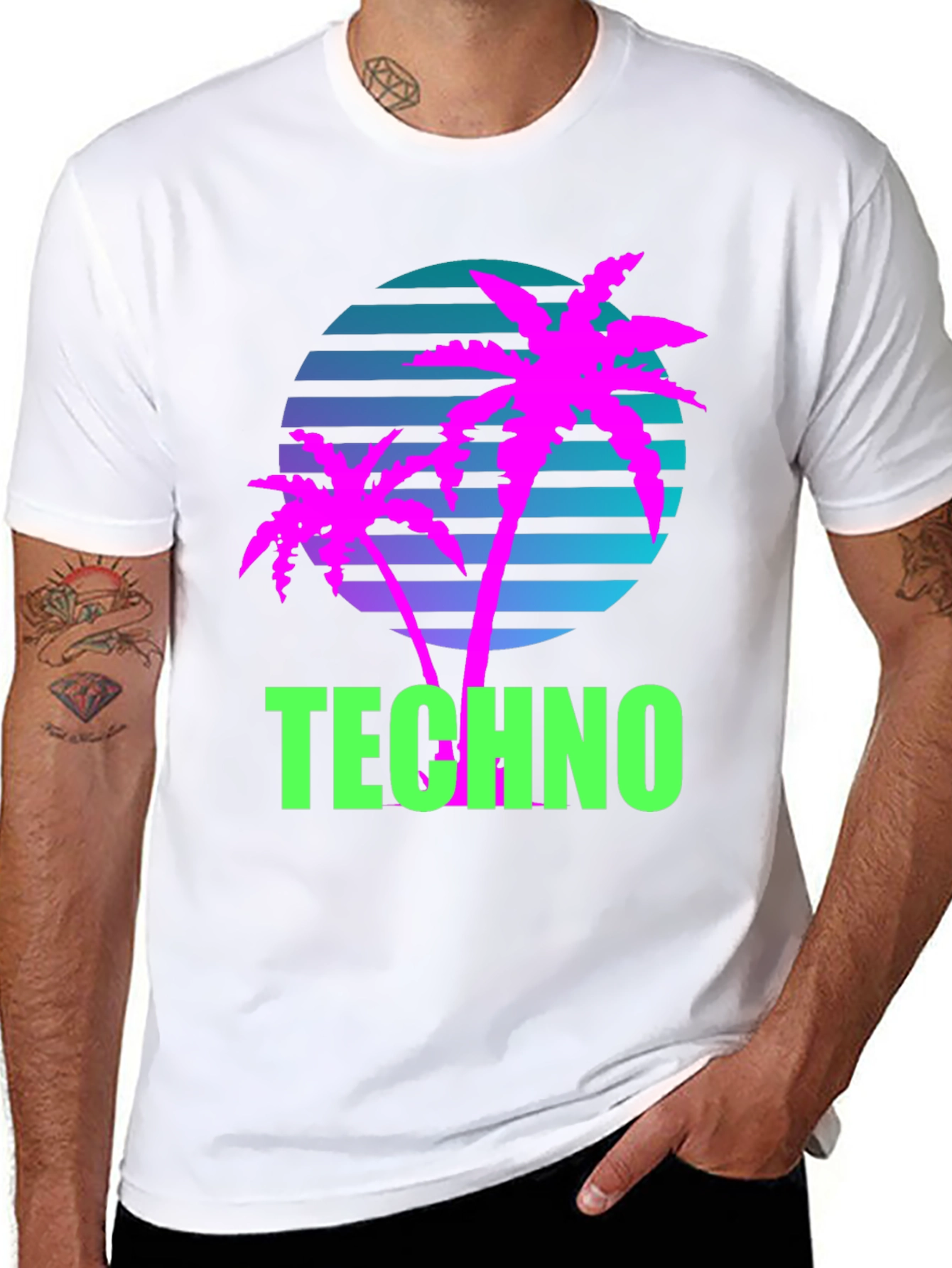 Black Retro Techno Palm T-Shirt - Vaporwave Style view 8