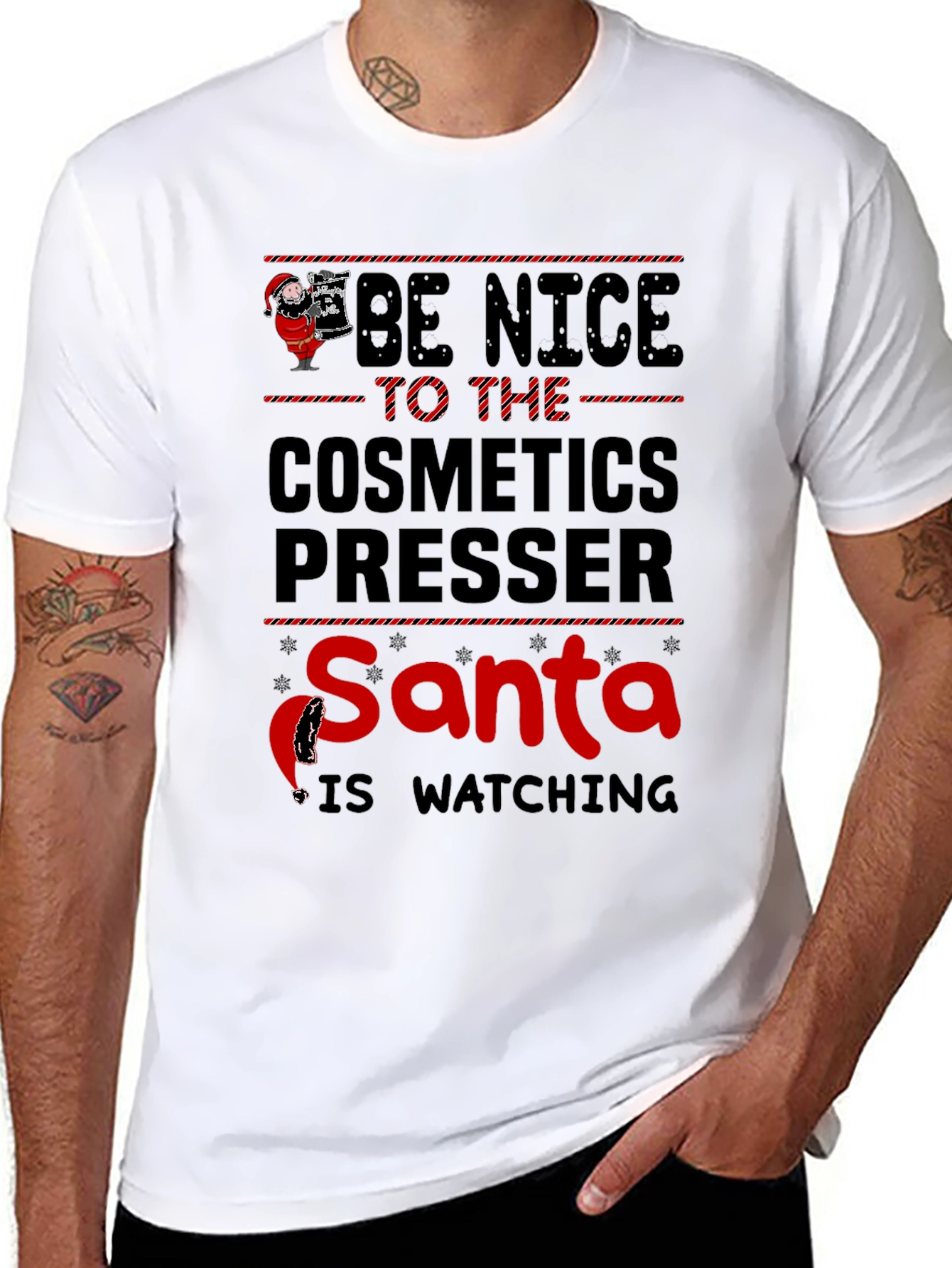 Black Be Nice to Cosmetics Presser T-Shirt - Santa Watching view 8