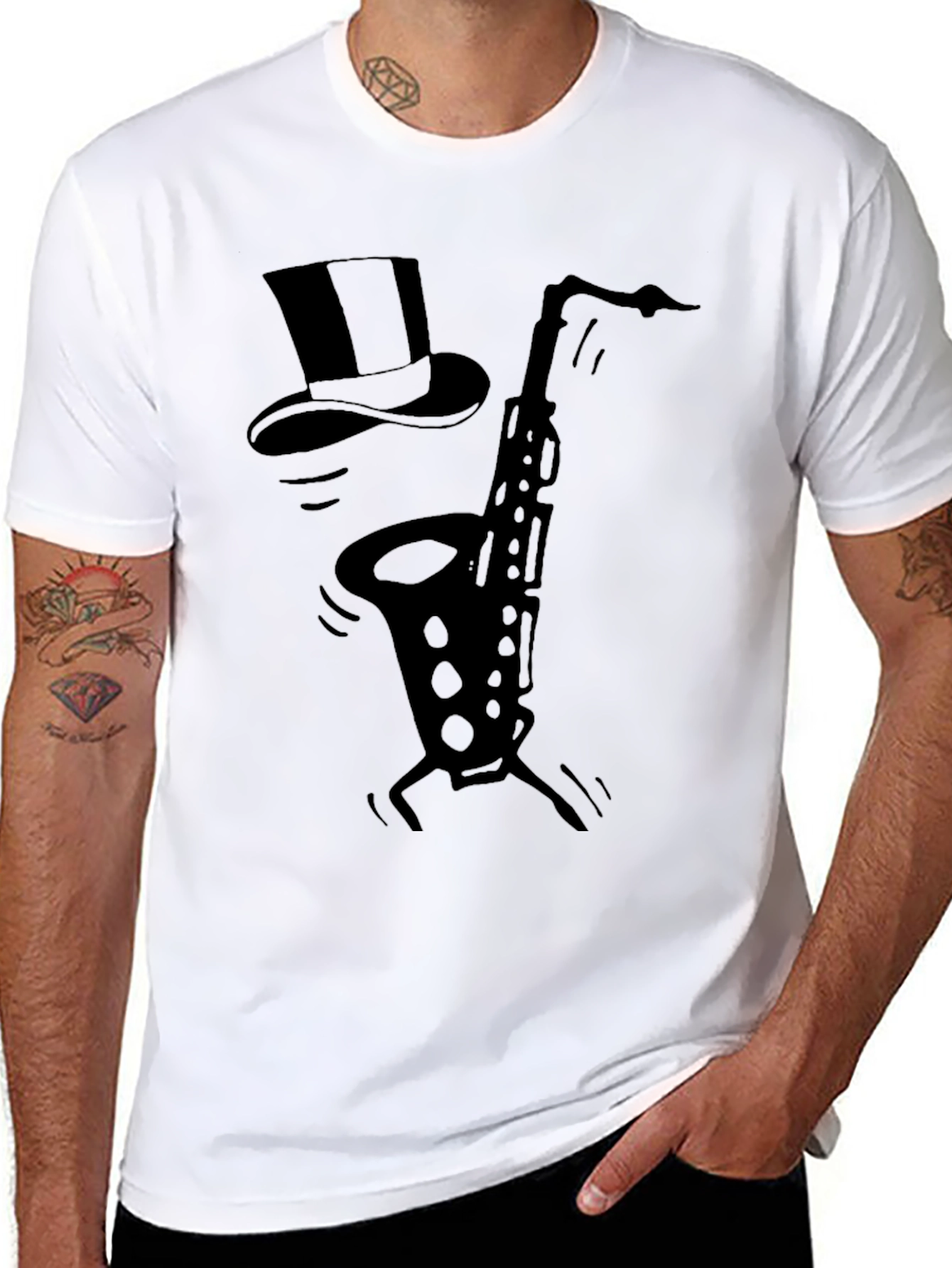 Black Saxophone Top Hat Black Graphic T-Shirt view 8
