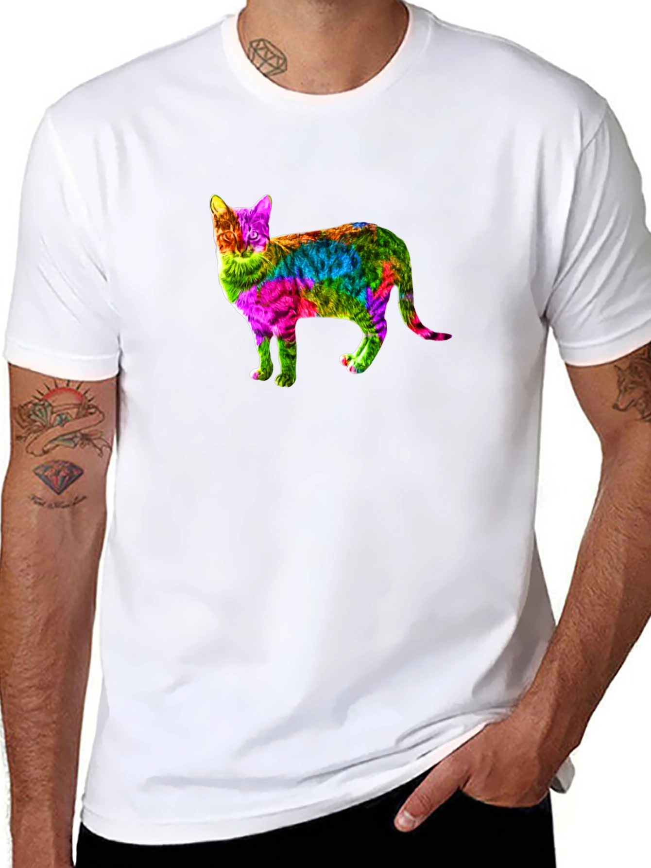 Black Rainbow Cat Graphic Print Black T-Shirt view 8