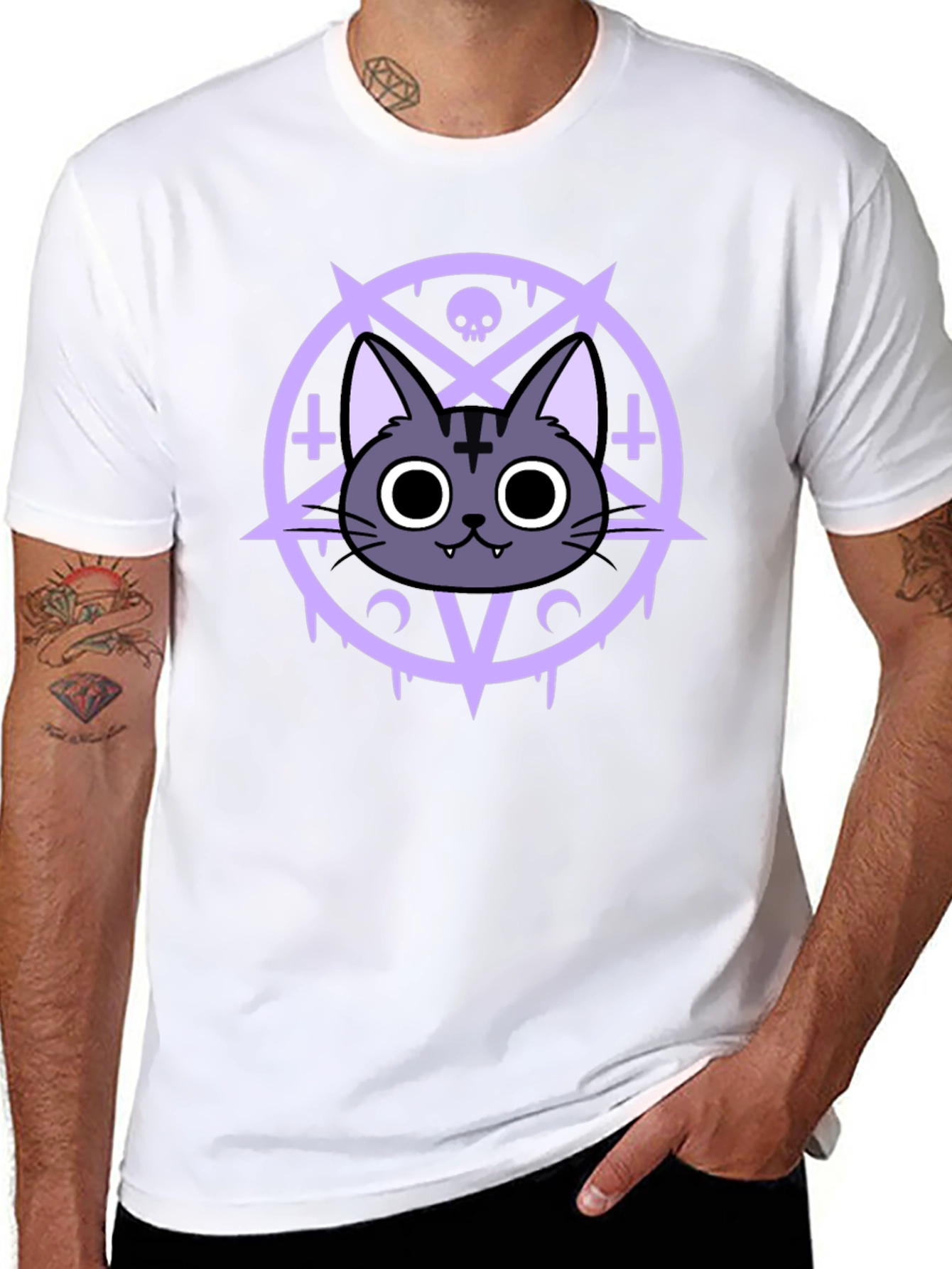 Black Gothic Cat T-Shirt - Occult Pentagram Design view 8