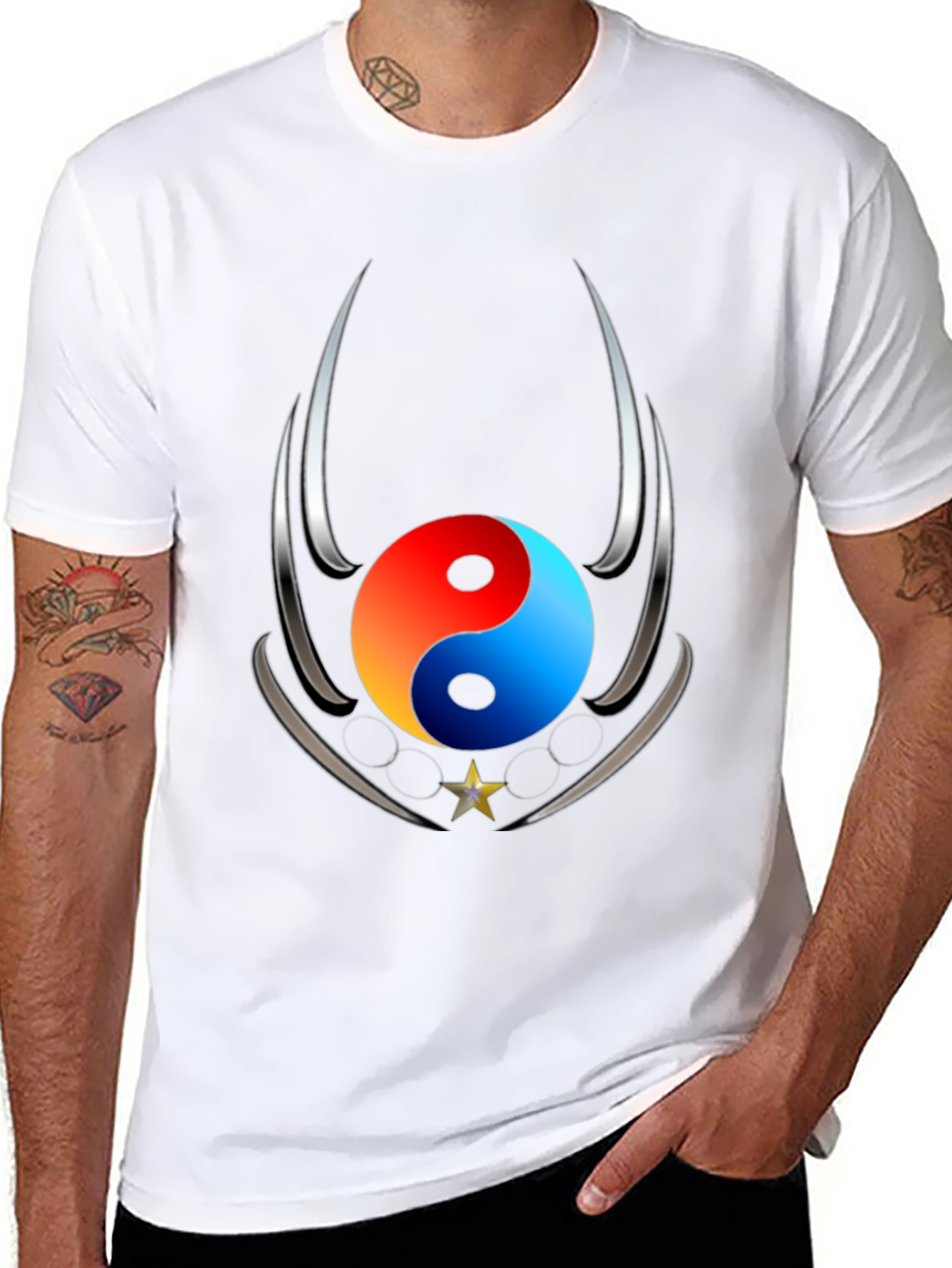 Black Yin Yang Star Graphic Black T-Shirt view 8