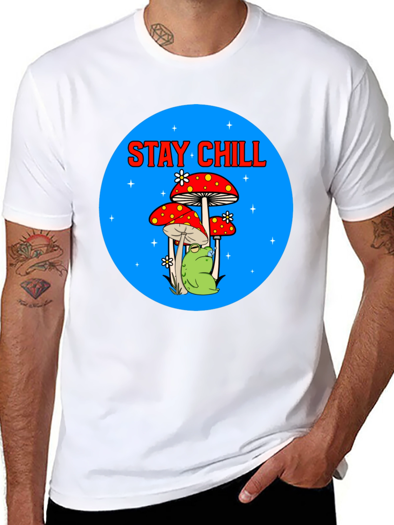 Black Stay Chill Frog Mushroom Graphic Tee view 8
