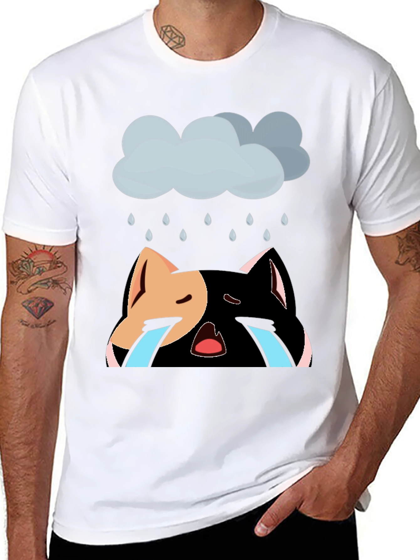 Black Sad Cat T-Shirt - Unisex Black Cotton Blend view 8