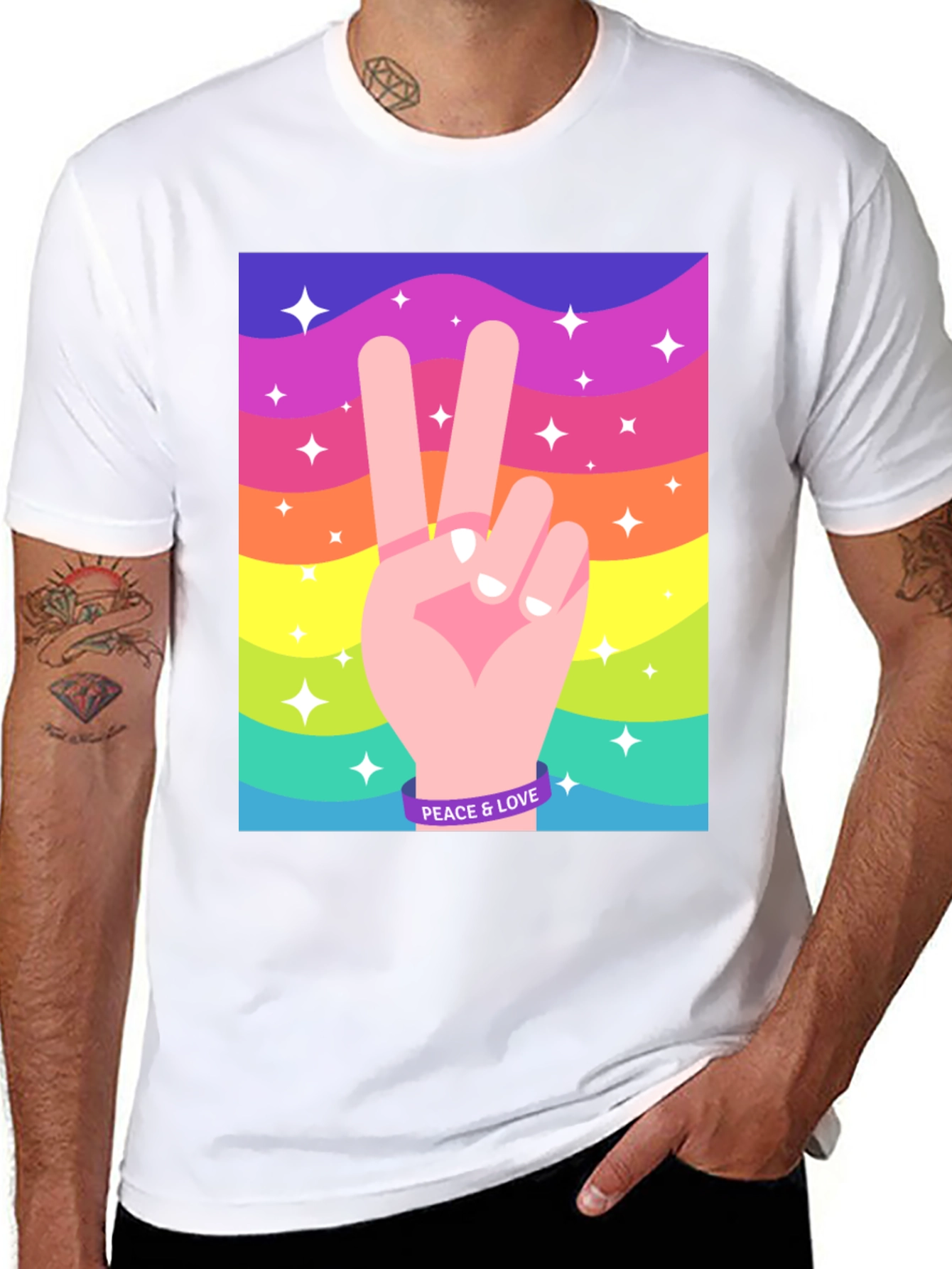 Peace and Love Graphic Tee - Retro Rainbow Design - 8
