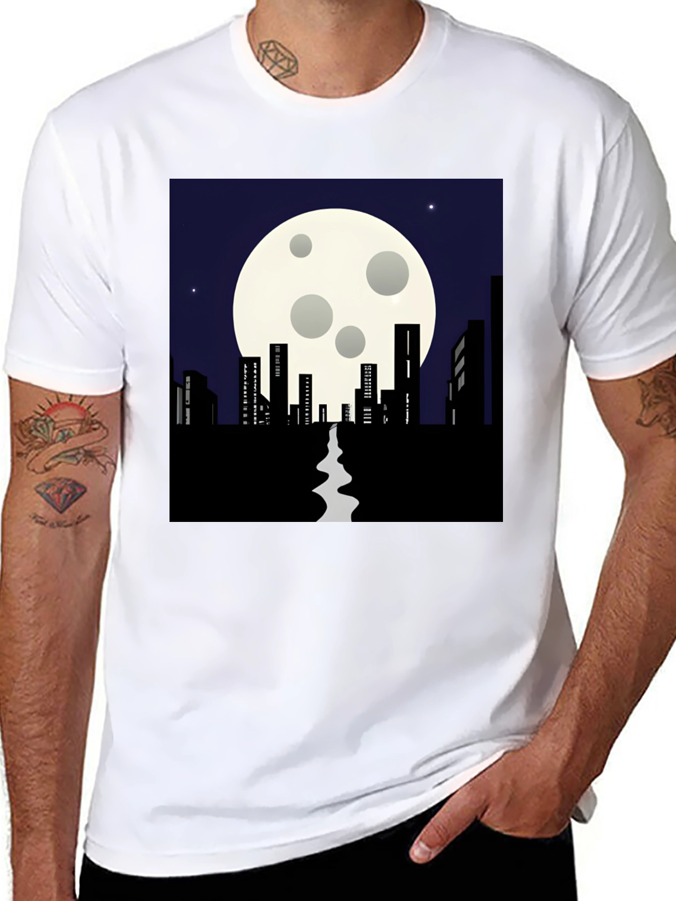 Black Night Cityscape T-Shirt: Moonlit Silhouette Tee view 8