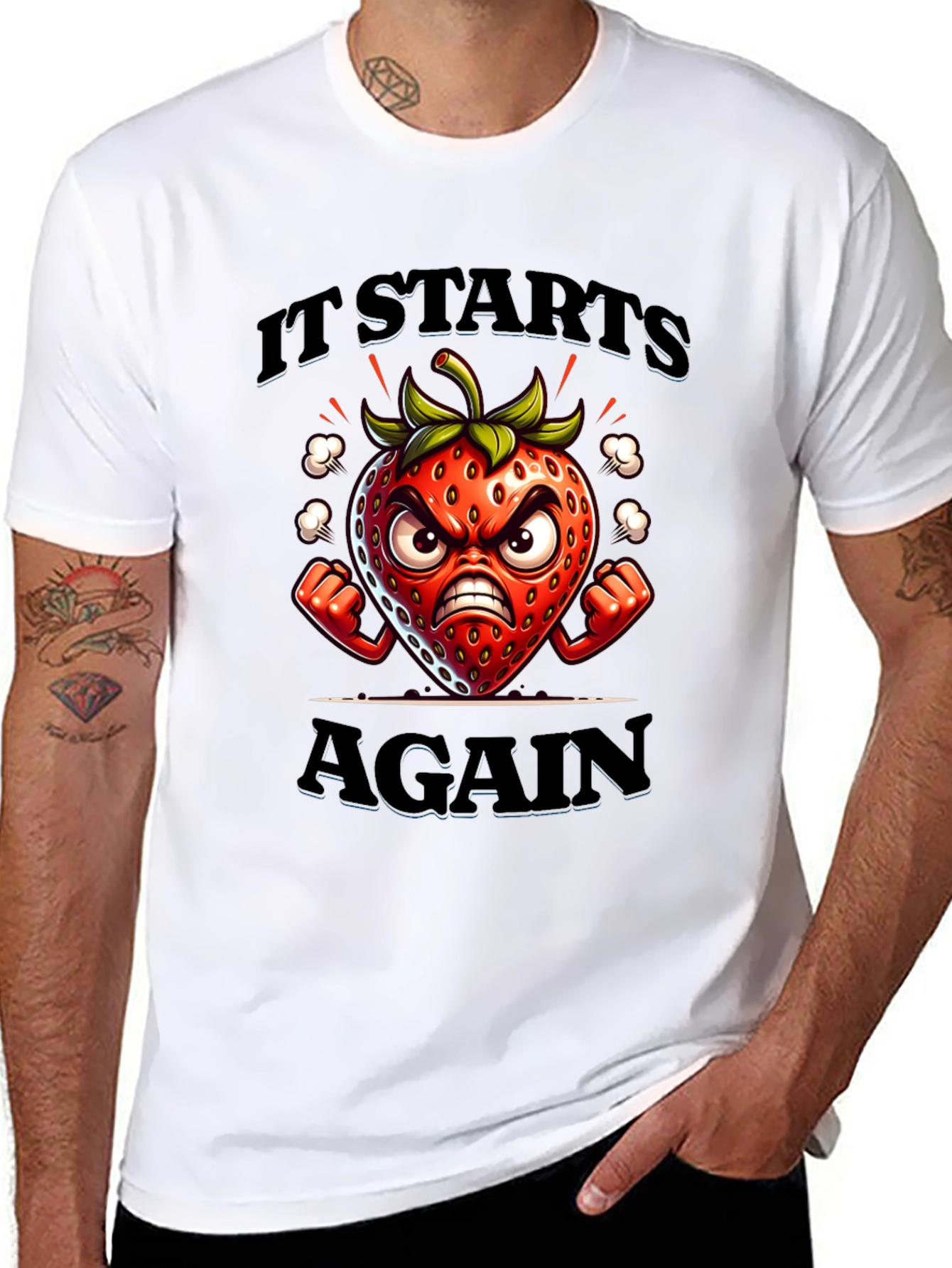Black Angry Strawberry Cartoon Graphic T-Shirt view 8