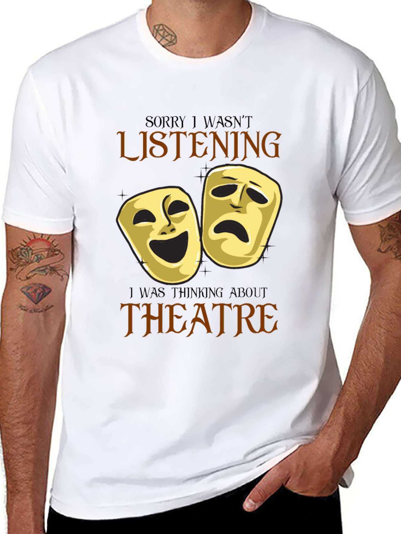 Black Theatre Masks Graphic T-Shirt - Sorry I Wasn't Listening view 8