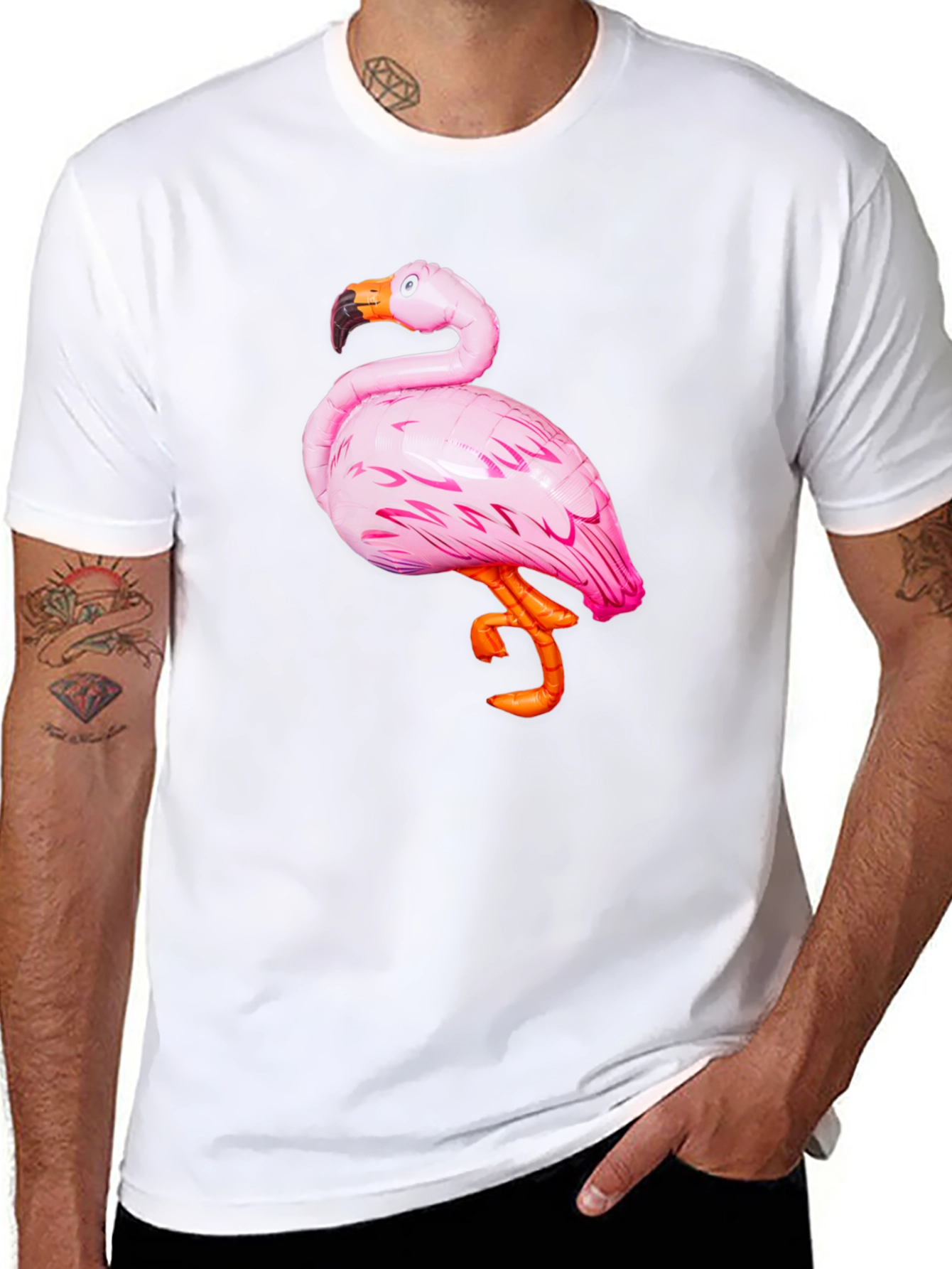 Black Men's Black T-Shirt with Pink Flamingo Graphic view 8