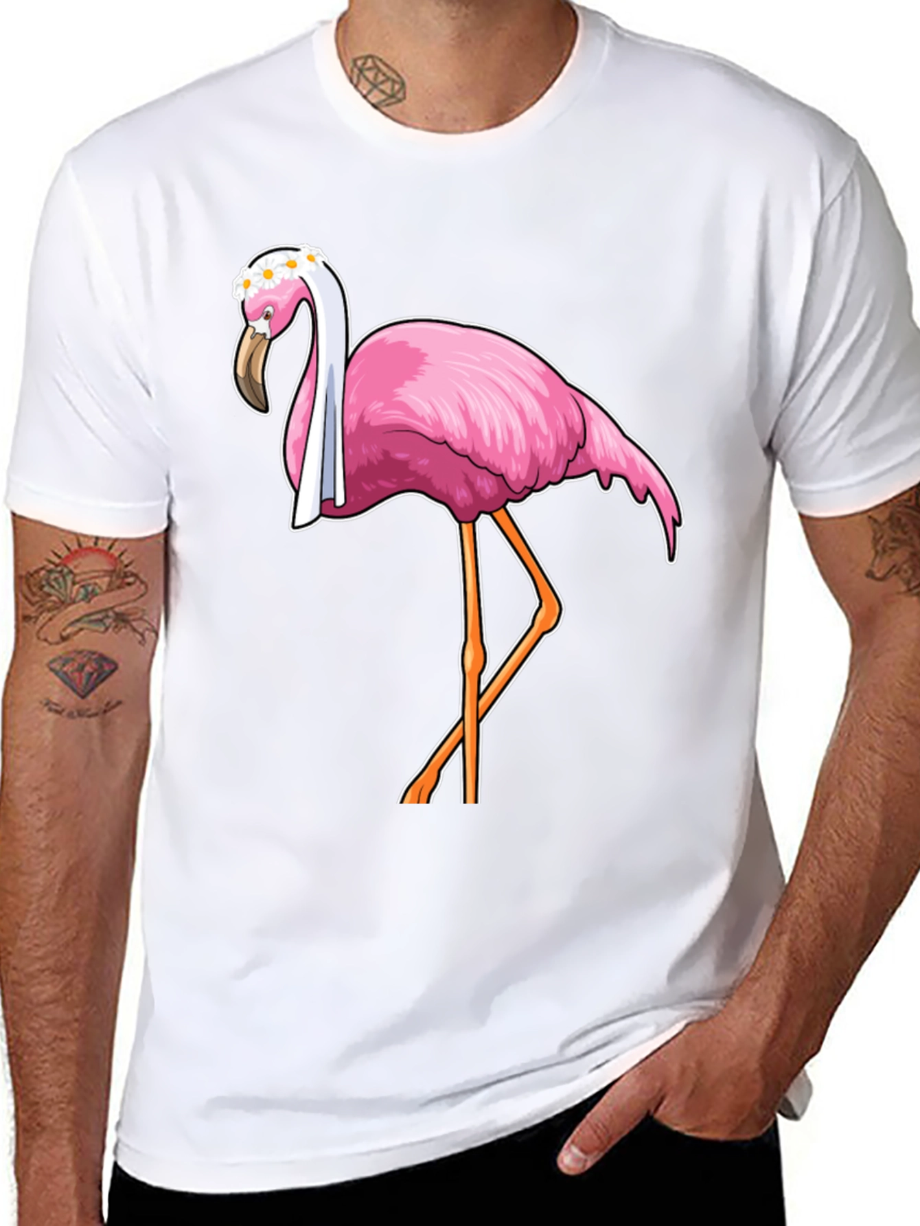 Black Funny Flamingo T-Shirt with Floral Crown view 8