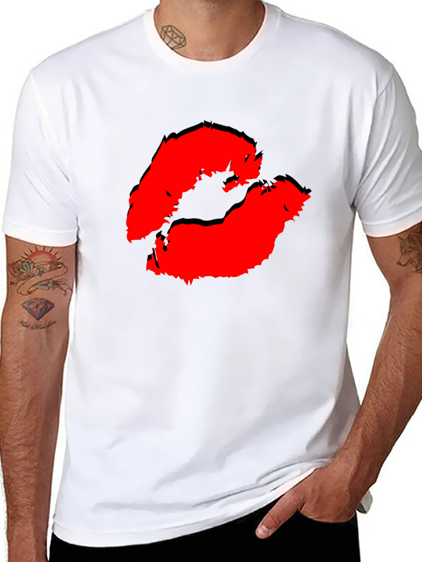 Black Red Lips Kiss Print Black Casual T-Shirt view 8