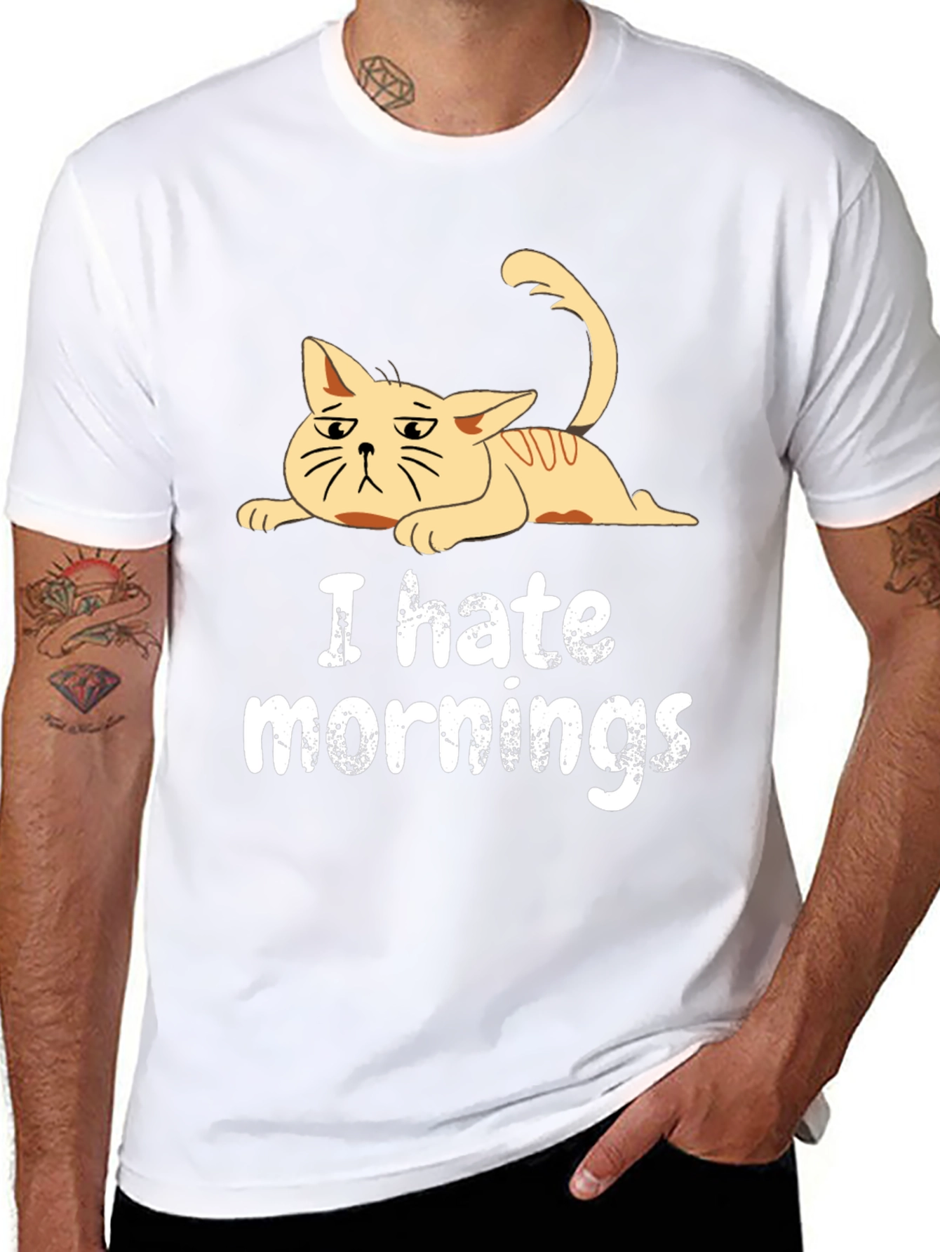 Black I Hate Mornings Cat T-Shirt - Black Cotton Tee view 8