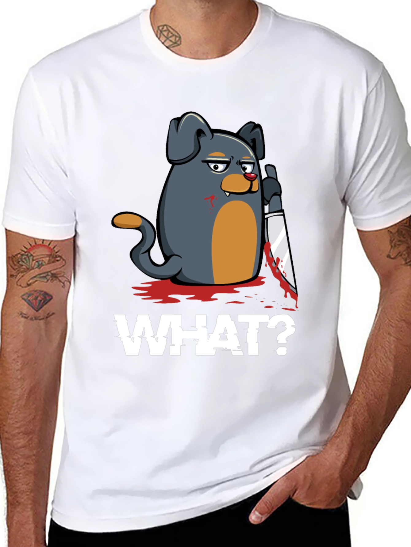 Black Men's 'What?' Dog with Knife Graphic T-Shirt view 8