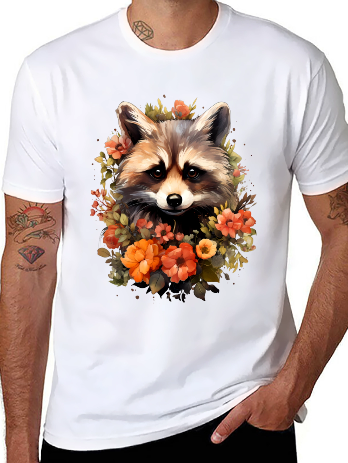 Black Raccoon & Floral Graphic Tee - Soft Black T-Shirt view 8
