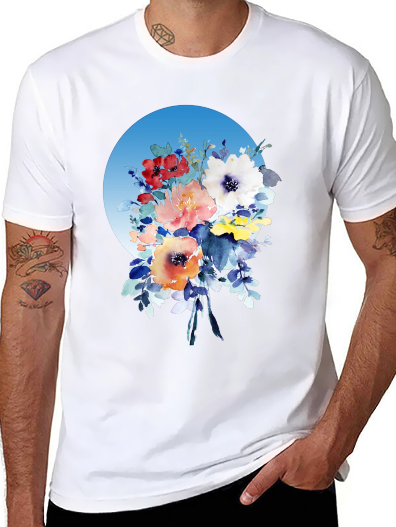 Black Floral Bouquet T-Shirt - Watercolor Design view 8