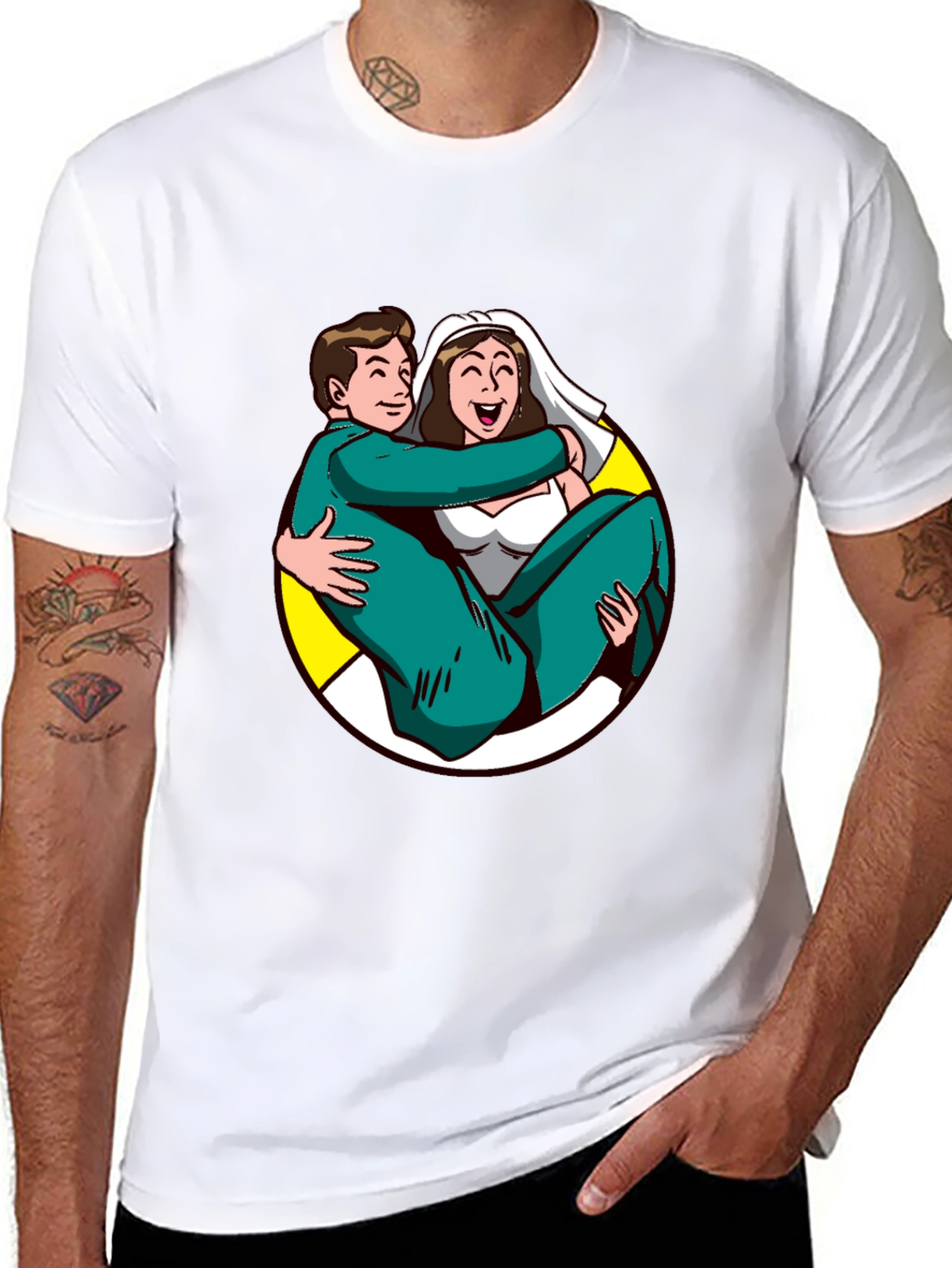 Black Cartoon Bride and Groom Black T-Shirt view 8