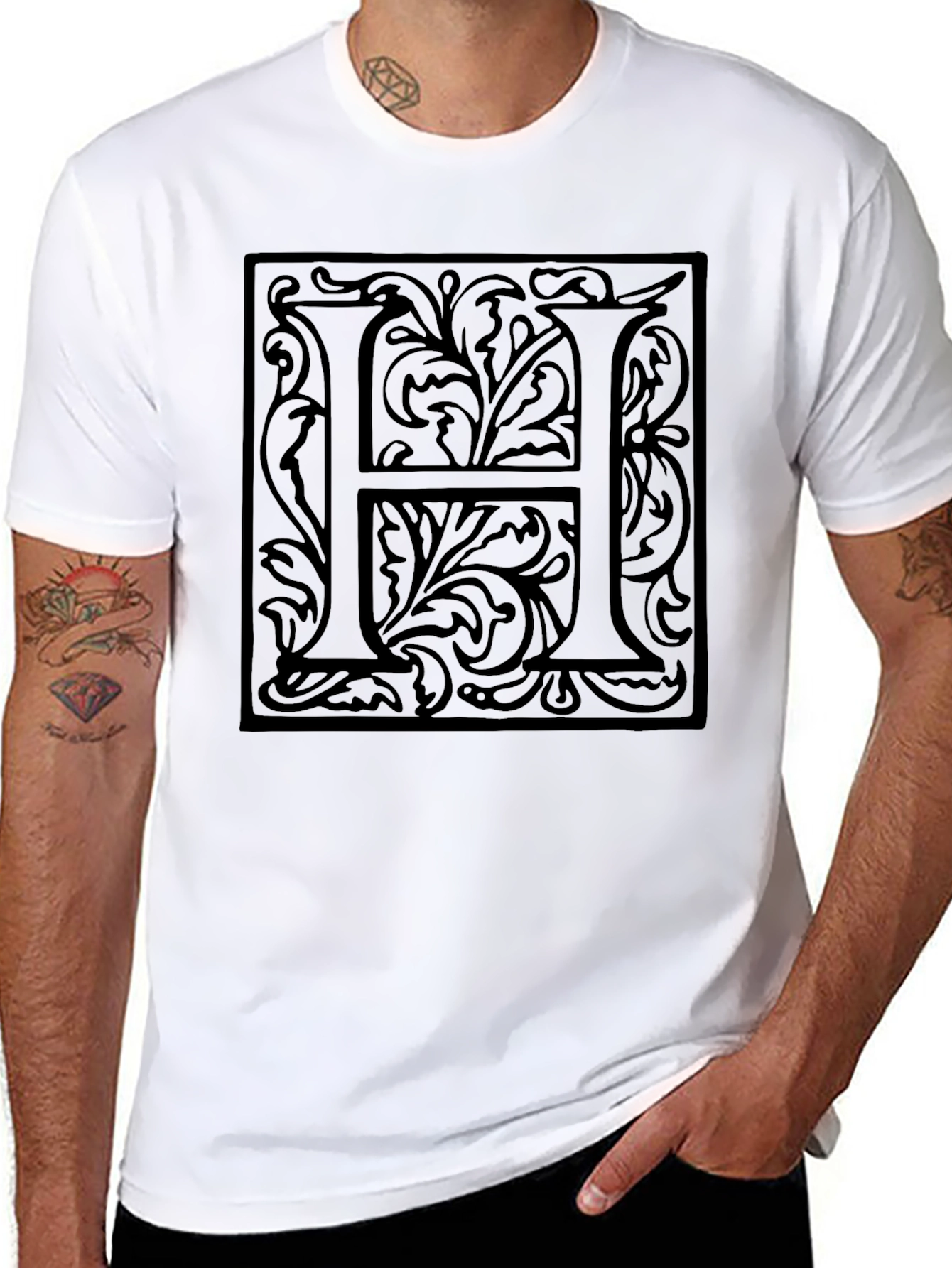 Black Elegant "H" Initial Black Graphic T-Shirt view 8