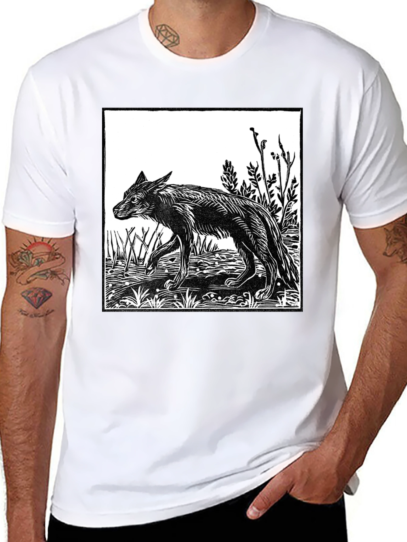 Black Woodcut Wolf Graphic T-Shirt - Black view 8
