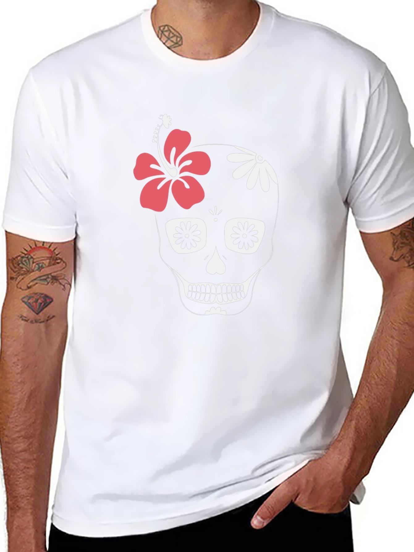 Black Floral Skull Graphic Tee - Black Cotton Casual T-Shirt view 8