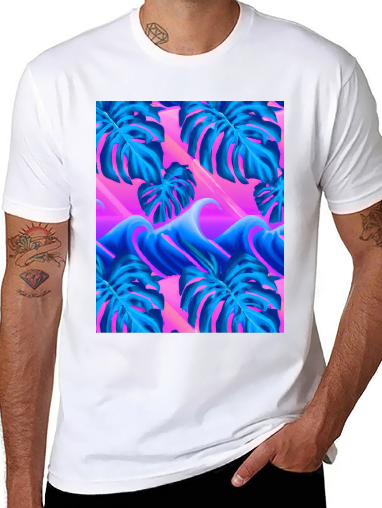 Black Vaporwave Monstera Leaf T-Shirt view 8
