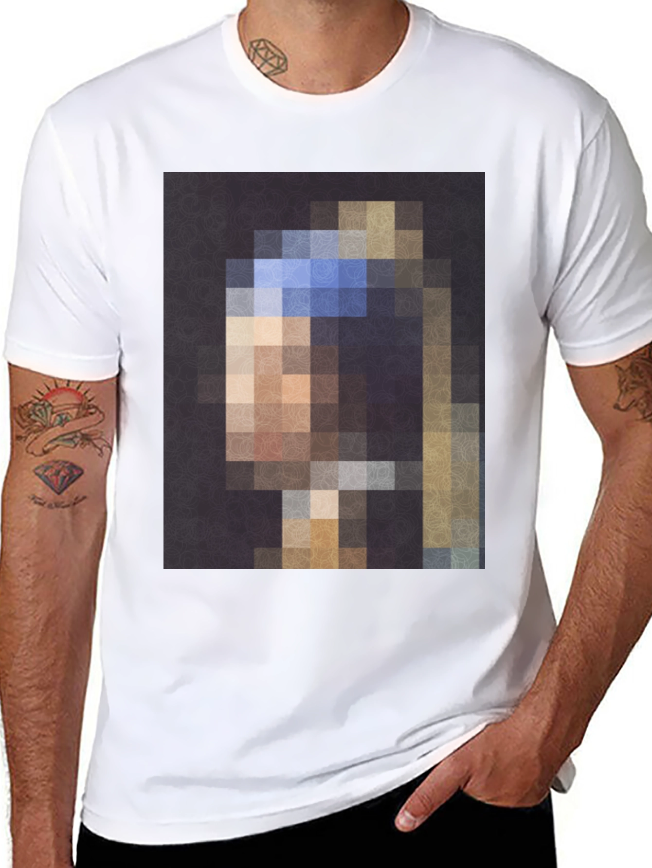 Black Pixelated Girl with a Pearl Earring T-Shirt view 8