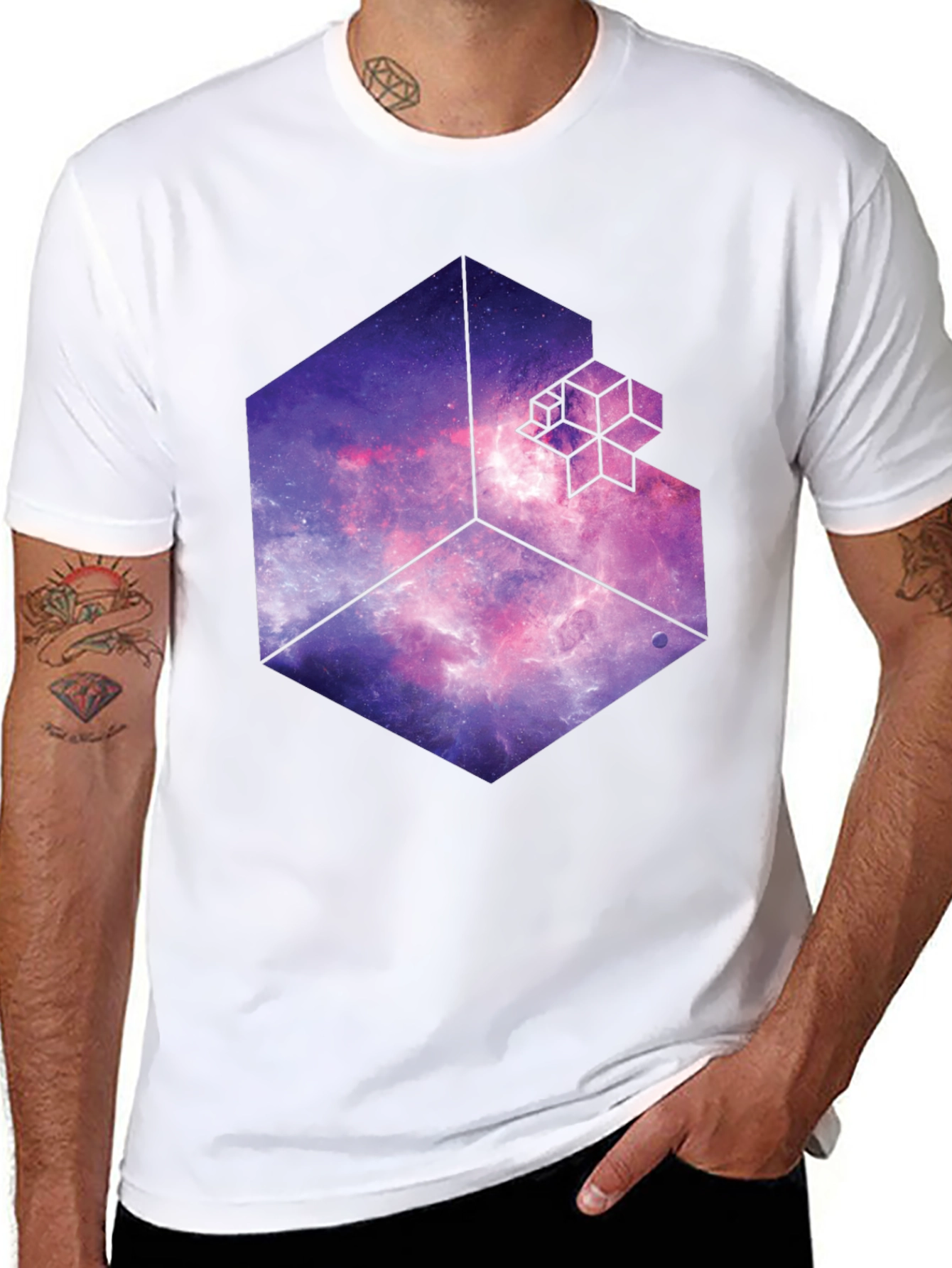 Black Cosmic Cube Black T-Shirt - Galaxy Fractal Design view 8