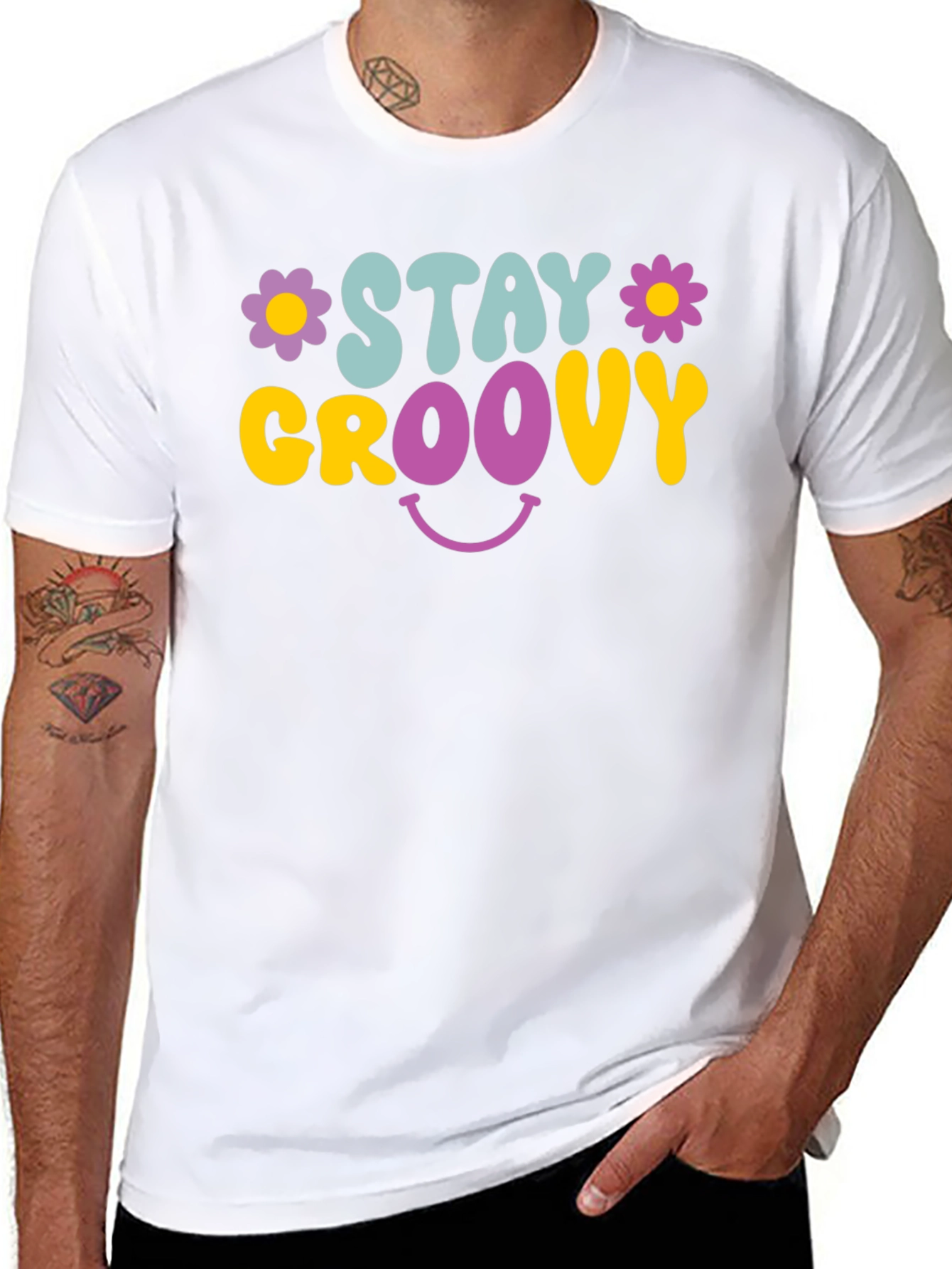 Black Stay Groovy Graphic Tee - Retro Smiley Face T-Shirt view 8