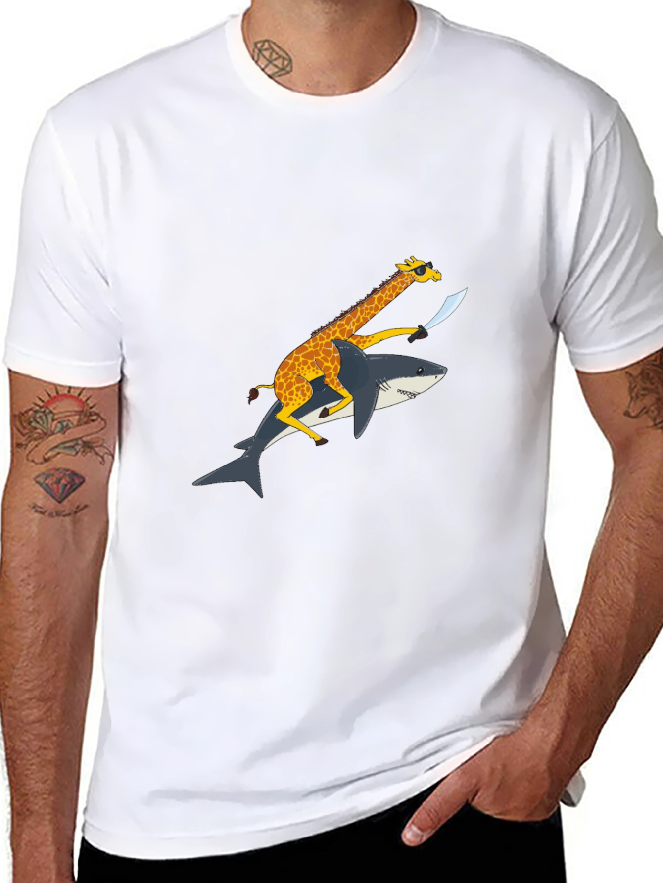 Black Giraffe Riding Shark Graphic Tee - Funny Animal Shirt view 8