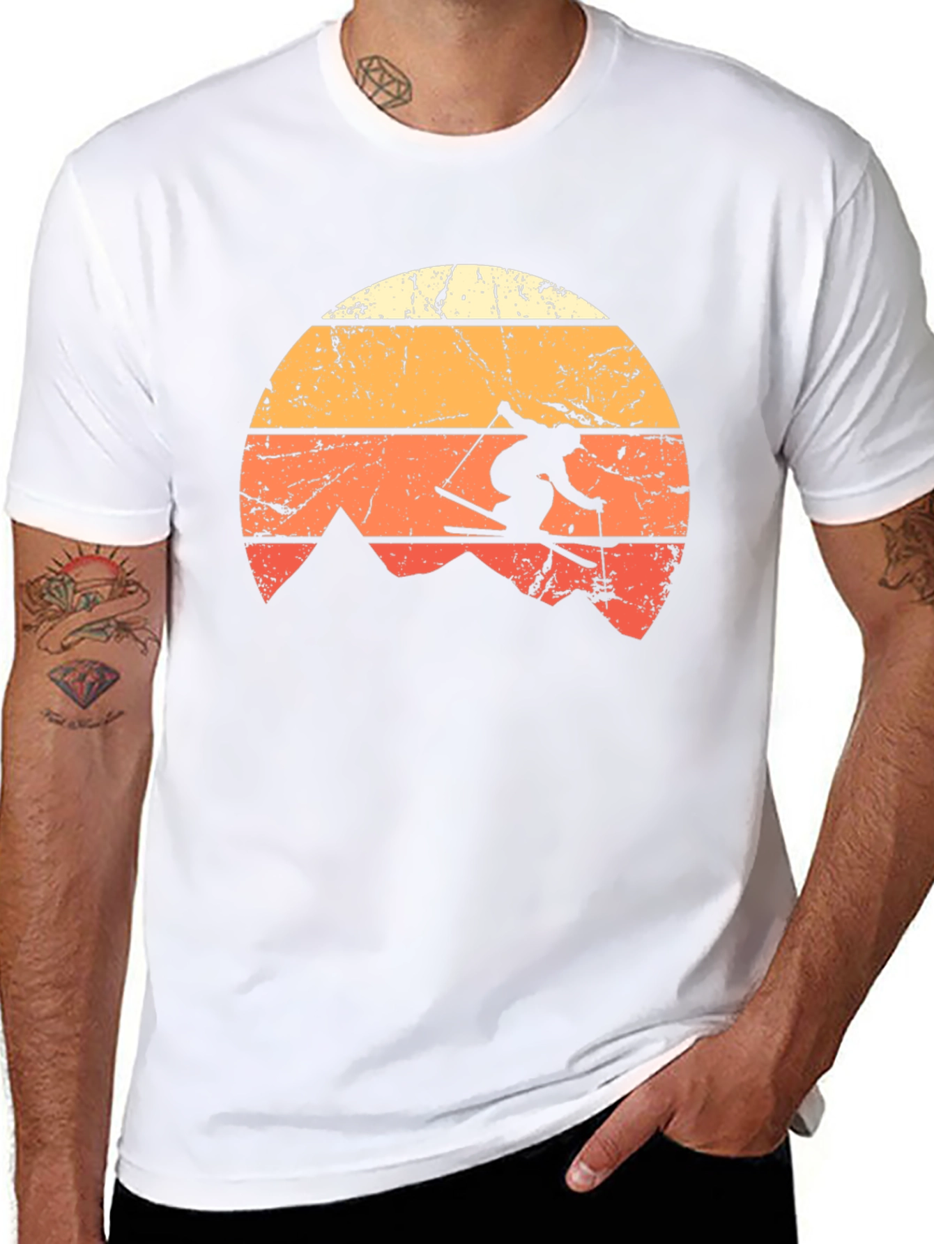 Black Retro Skiing T-Shirt - Vintage Mountain Sunset Design view 8