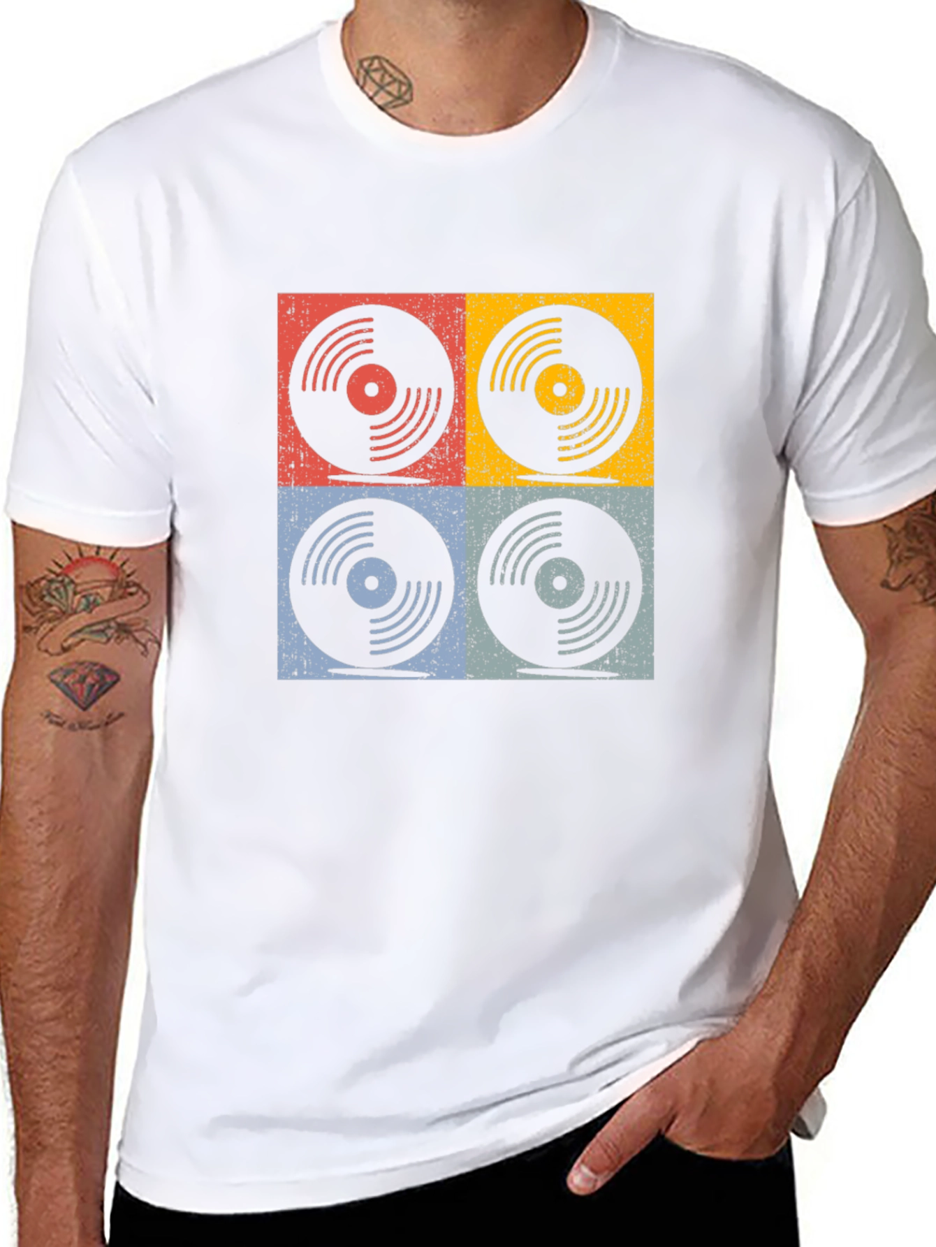 Black Retro Vinyl Record Graphic T-Shirt - Four Panel Design view 8