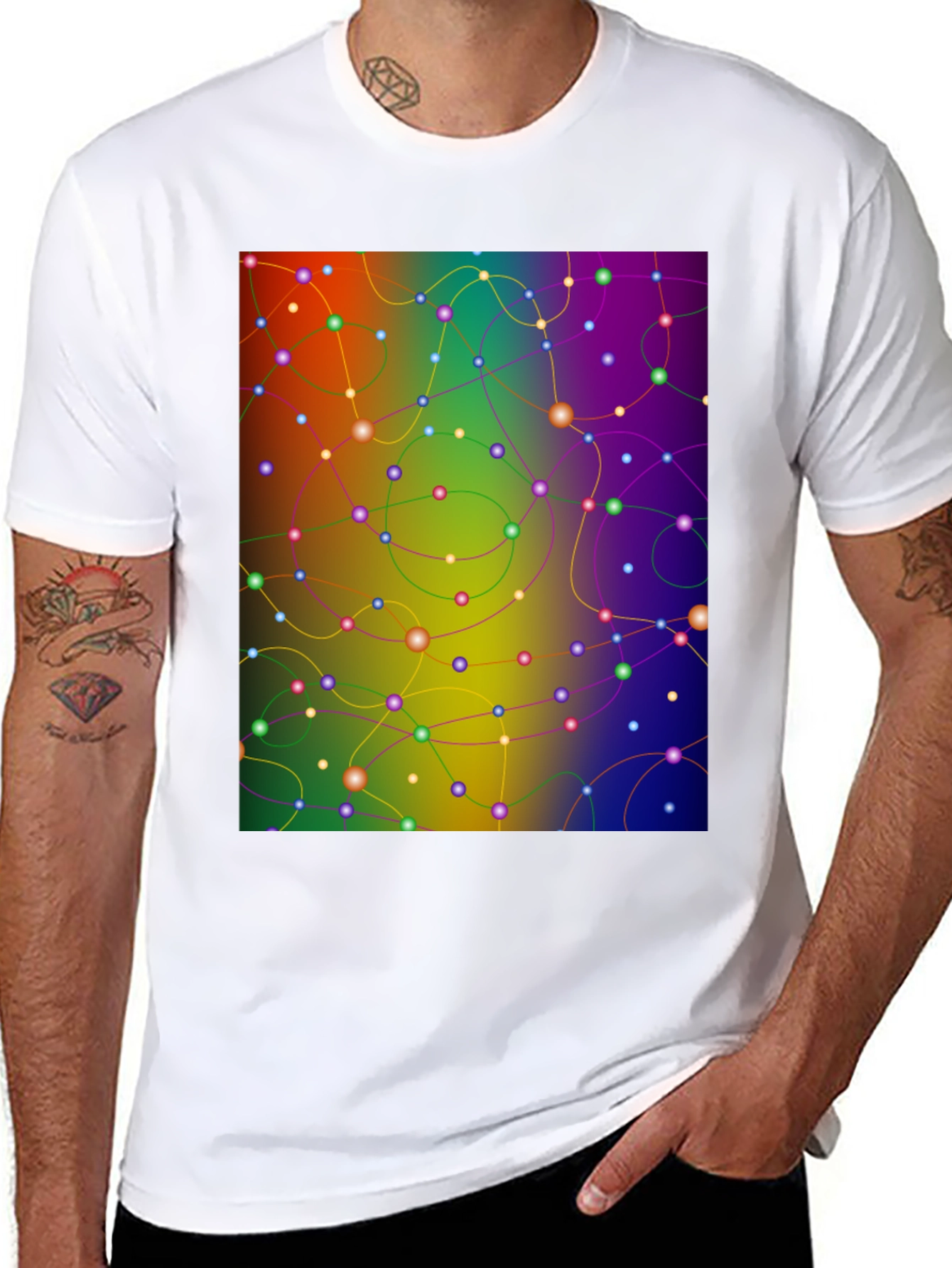 Black Abstract Network Tee - Colorful Connection Shirt view 8